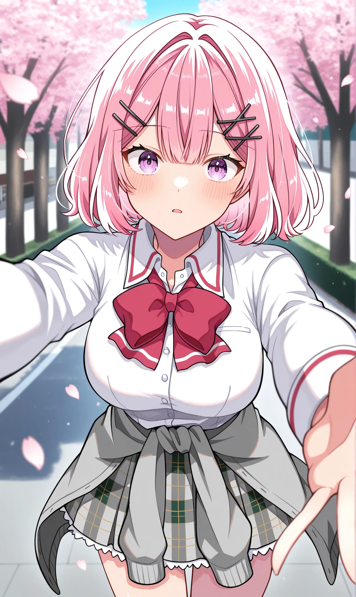 <lora:amaori_renako_illust_scarxzys:1>, amaori renako, pink hair, short hair, double-parted bangs, pink eyes, x hair ornament, ashigaya high school uniform, white shirt, collared shirt, long sleeves, red bowtie, grey cardigan, cardigan around waist, clothes around waist, grey skirt, plaid skirt, miniskirt, 1girl, solo, masterpiece, best quality, amazing quality, cherry blossoms, street, looking at viewer, close-up, reaching out, from side