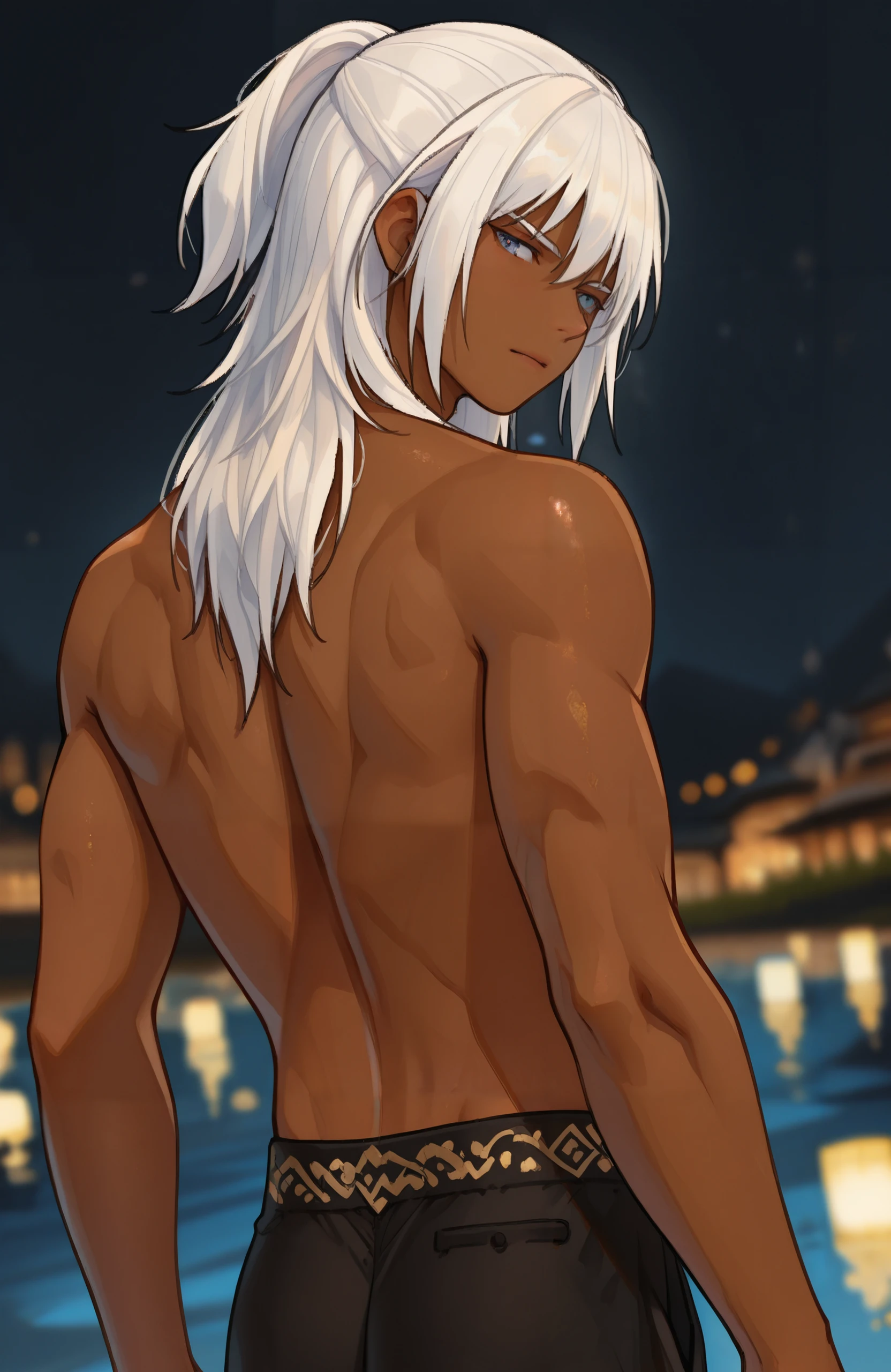 2boys,13 only、(Man's :2) ,twins,Handsome boy,Long silver hair、a blond、Upper body naked、starrysky 、sand beach、Back lighting、hightquality、masutepiece,8K,NSFW,