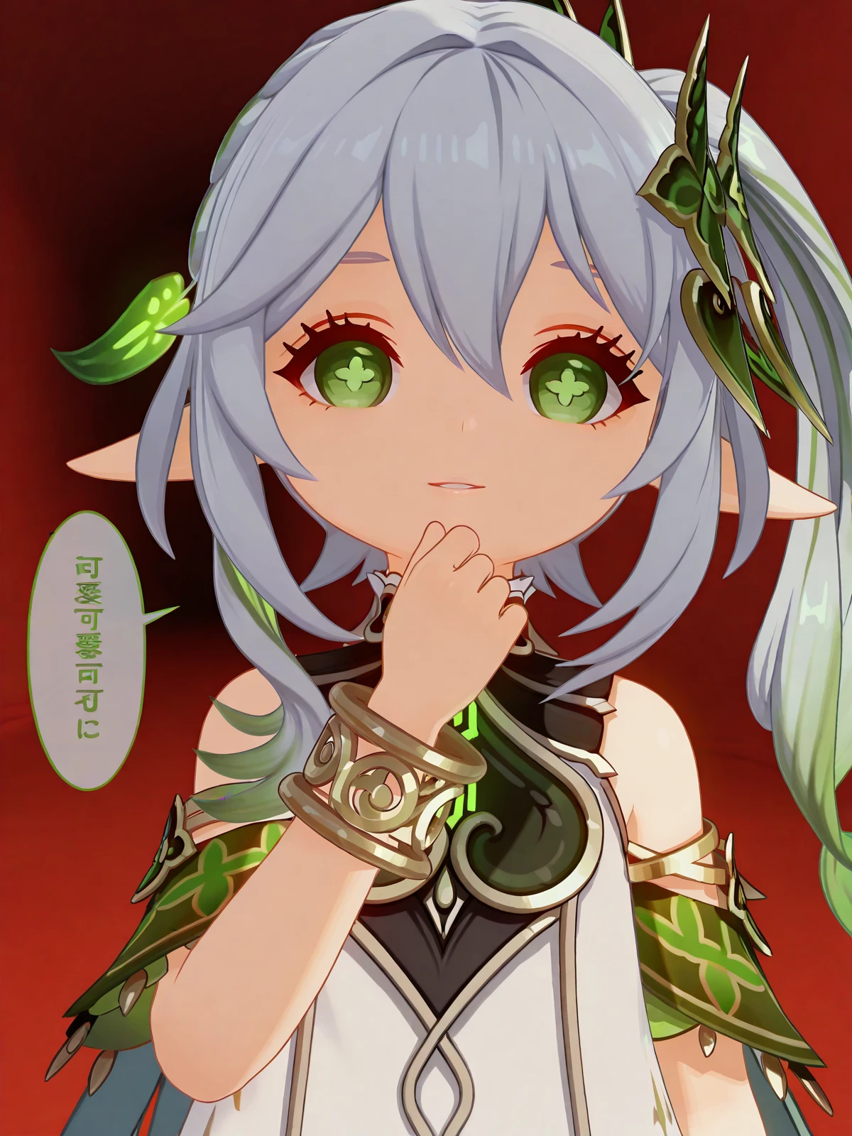 masterpiece, best quality, amazing quality,, <lora:genshin-nahida-ingame-illustriousxl-lora-nochekaiser:1>, nahida, nahida (genshin impact), long hair, hair ornament, hair between eyes, green eyes, white hair, grey hair, multicolored hair, green hair, pointy ears, side ponytail, symbol-shaped pupils, gradient hair, 3d, dress, jewelry, detached sleeves, white dress, cape, bracelet, toeless legwear, stirrup legwear, toeless footwear, <lora:okawaii-koto-illustriousxl-lora-nochekaiser:1>, okawaii koto, looking at viewer, smile, upper body, parted lips, speech bubble, gradient, gradient background, red background, empty eyes, hand on own chin, tunnel, dark, underground, passage, walls, cowboy shot, solo, looking at viewer,