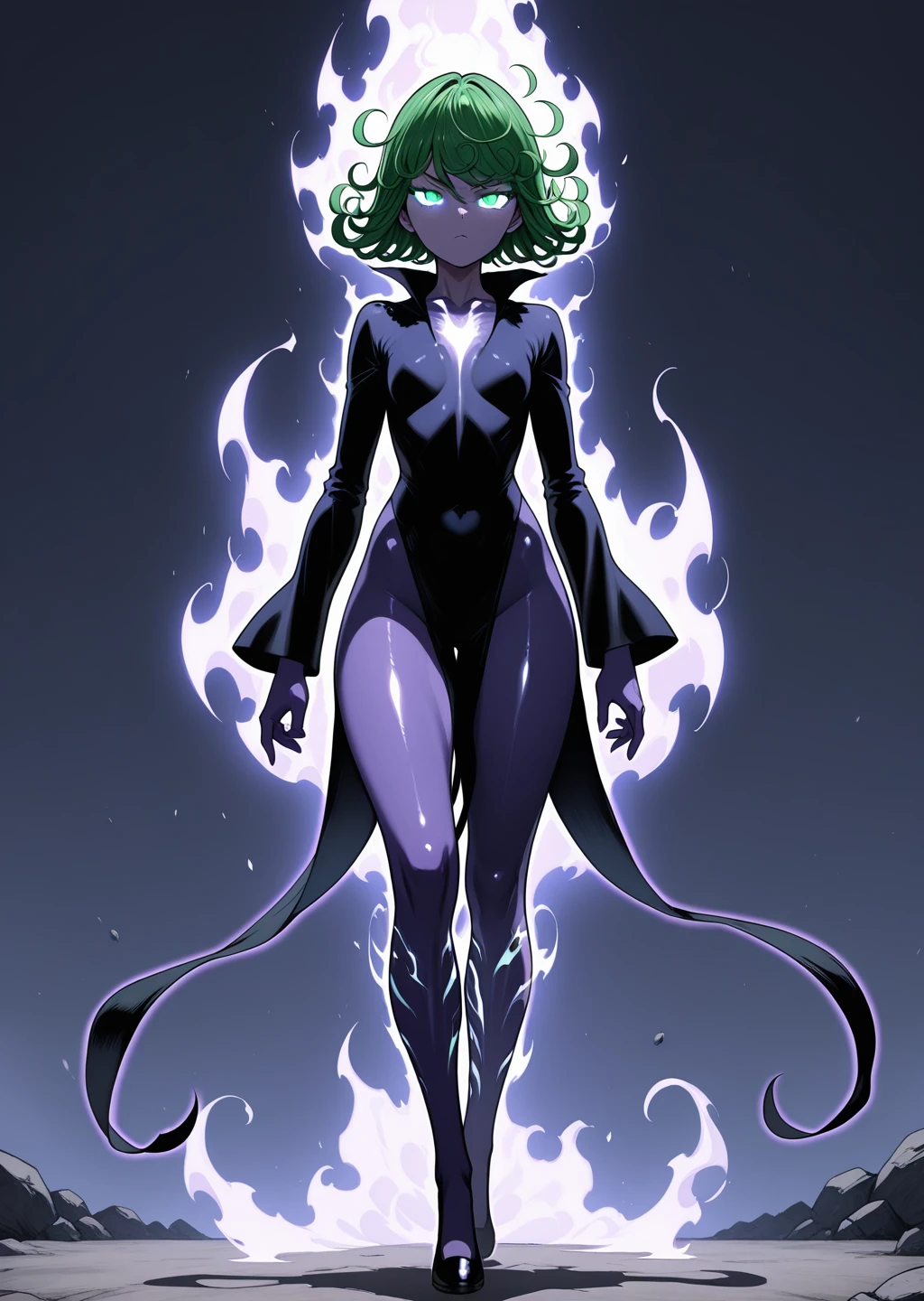 masterpiece, absurdres, textless version, perfect hands, best hands,  best detail, best quality, detailed, high quality, BREAK,  full body, shiny skin, 1girl,   <lora:Shadow_Soldier_Solo_Leveling_Illustrious:0.8> arise, glowing, glowing eyes, aura, shadow, shadow_soldier, glowing skin, aura skin, smokey skin, dark skin, shadowy figure, misty and wispy, black skin, purple skin, tatsumaki,