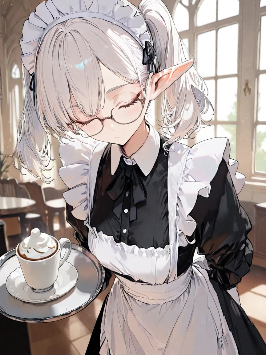 1girl, pretty girl, cute, looking at viewer, 
white hair, elf, pointy ears, twintails, closed eyes, glasses, maid, maid headdress, serving, tray, coffee, indoors, window, mansion, dynamic light,
masterpiece, best quality, very aesthetic, perfect eyes, symmetrical eyes, depth of field,