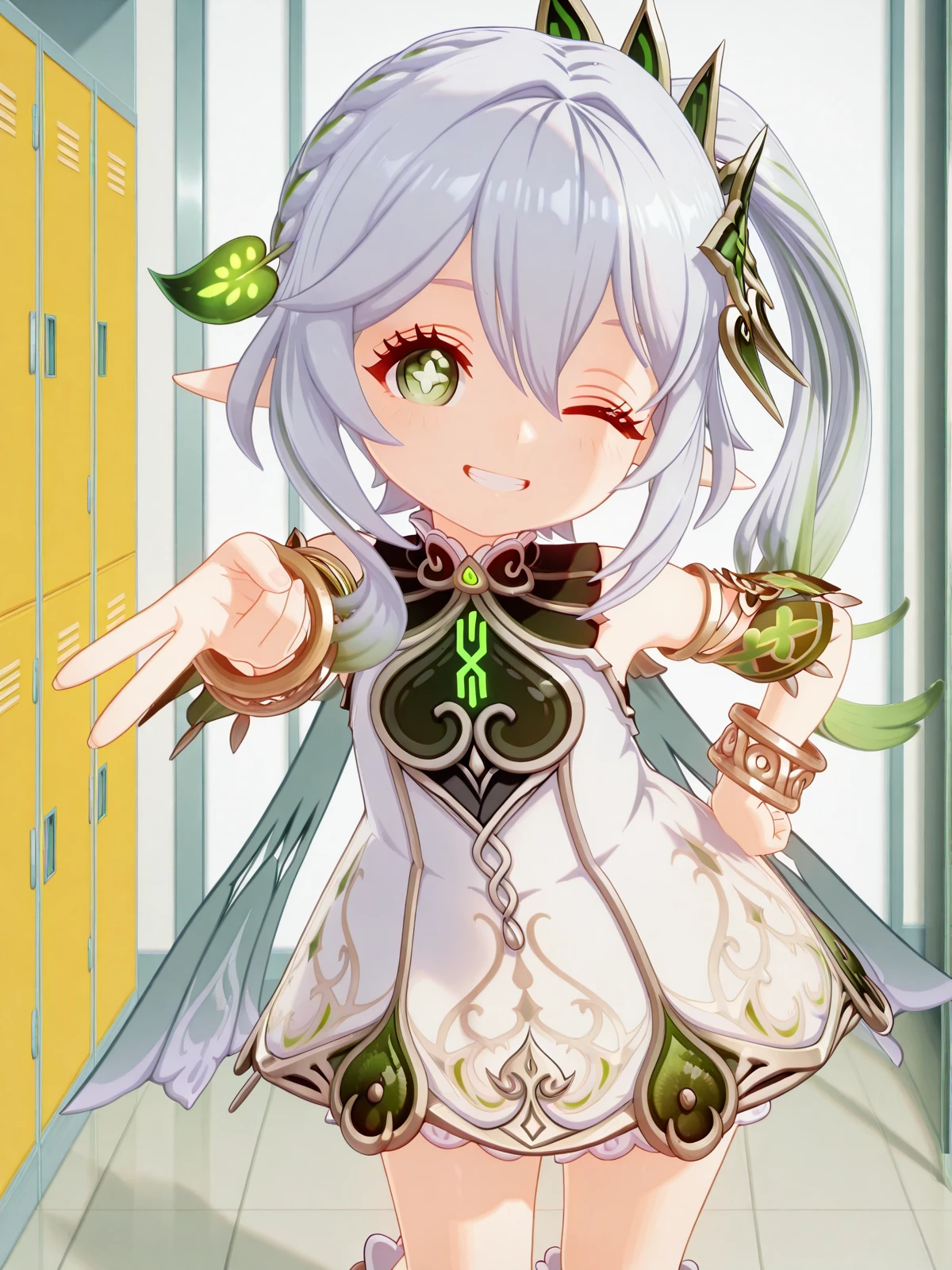 masterpiece, best quality, amazing quality,, <lora:genshin-nahida-ingame-illustriousxl-lora-nochekaiser:1>, nahida, nahida (genshin impact), long hair, hair ornament, hair between eyes, green eyes, white hair, grey hair, multicolored hair, green hair, pointy ears, side ponytail, symbol-shaped pupils, gradient hair, 3d, dress, jewelry, detached sleeves, white dress, cape, bracelet, toeless legwear, stirrup legwear, toeless footwear, <lora:gyaru-v-illustriousxl-lora-nochekaiser:1>, gyaruv, solo, looking at viewer, blush, smile, teeth, one eye closed, grin, hand on own hip, v, leaning forward,, school hallway, lockers, between classes, everyday life, cowboy shot, solo, looking at viewer, <lora:transparent-background-illustriousxl-lora-nochekaiser:1>, transparent background, simple background, white background