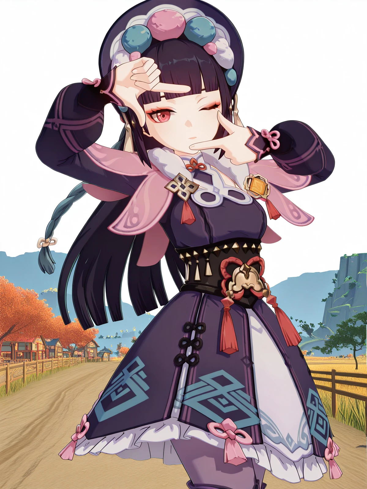 masterpiece, best quality, amazing quality,, <lora:genshin-yun-jin-ingame-illustriousxl-lora-nochekaiser:1>, yun jin, yun jin (genshin impact), black hair, blunt bangs, braid, eyeshadow, long hair, makeup, purple hair, red eyes, red eyeshadow, mature female, medium breasts, 3d, black footwear, boots, chinese clothes, fur trim, hat, knee boots, long sleeves, pantyhose, pom pom (clothes), purple pantyhose,, <lora:makima-finger-frame-illustriousxl-lora-nochekaiser:1>, makimafingerframe, solo, looking at viewer, ringed eyes, dark, finger frame, one eye closed, hands up, arm up,, bike ride, countryside, dirt road, trees, afternoon sun, peaceful, alone, cowboy shot, solo, looking at viewer, <lora:transparent-background-illustriousxl-lora-nochekaiser:1>, transparent background, simple background, white background