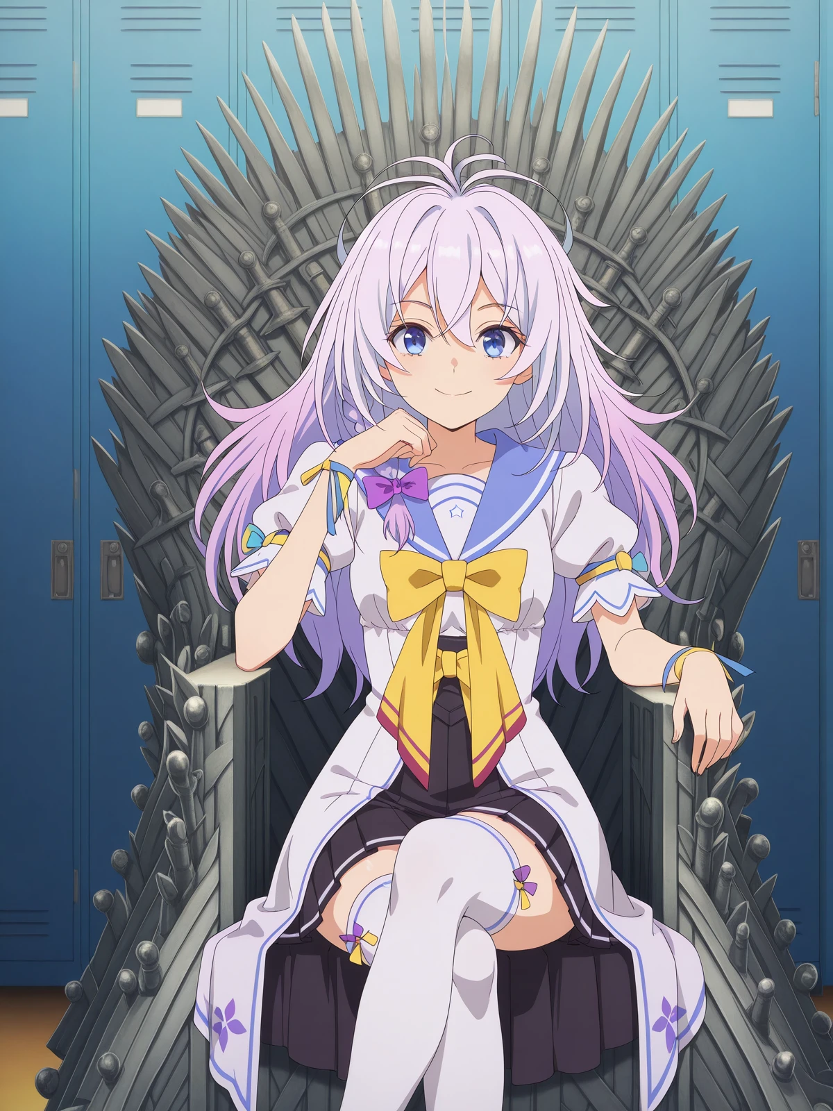 masterpiece, best quality, amazing quality,, <lora:niberune-s1-illustriousxl-lora-nochekaiser:1>, niberune, long hair, blue eyes, hair between eyes, white hair, grey hair, braid, hair bow, antenna hair, side braid, purple bow, gradient hair, mature female, small breasts, anime screencap, skirt, dress, bow, ribbon, short sleeves, pleated skirt, puffy sleeves, sailor collar, white dress, puffy short sleeves, yellow bow, yellow bowtie, black skirt, pleated skirt, high-waist skirt, thighhighs, white thighhighs,, <lora:iron-throne-illustriousxl-lora-nochekaiser:1>, iron throne, sitting, looking at viewer, sword, throne, sitting on throne, smile, full body, elbow rest, crossed legs, locker room, lockers, benches, towels, showers, cowboy shot, solo, looking at viewer,