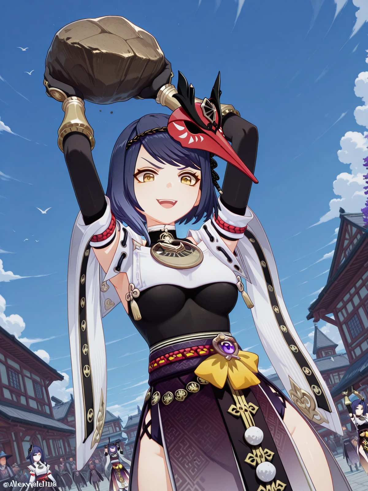 masterpiece, best quality, amazing quality,, <lora:genshin-sara-kujou-ingame-illustriousxl-lora-nochekaiser:1>, sara kujou, kujou sara, blue hair, short hair, swept bangs, yellow eyes, mature female, breasts, 3d, bird mask, gloves, leotard, bracer, detached sleeves, elbow gloves, gloves, japanese clothes, jewelry, leotard, mask, mask on head, obi, pelvic curtain, pendant, sash, sleeveless, vision (genshin impact), wide sleeves,, <lora:alexthelion-holding-rock-illustriousxl-lora-nochekaiser:1>, alexthelion holding rock, solo, looking at viewer, open mouth, holding, holding rock, arms up, looking down, v-shaped eyebrows, evil grin, blue sky, open mouth, dutch angle, town, small, streets, community, people, cowboy shot, solo, looking at viewer,