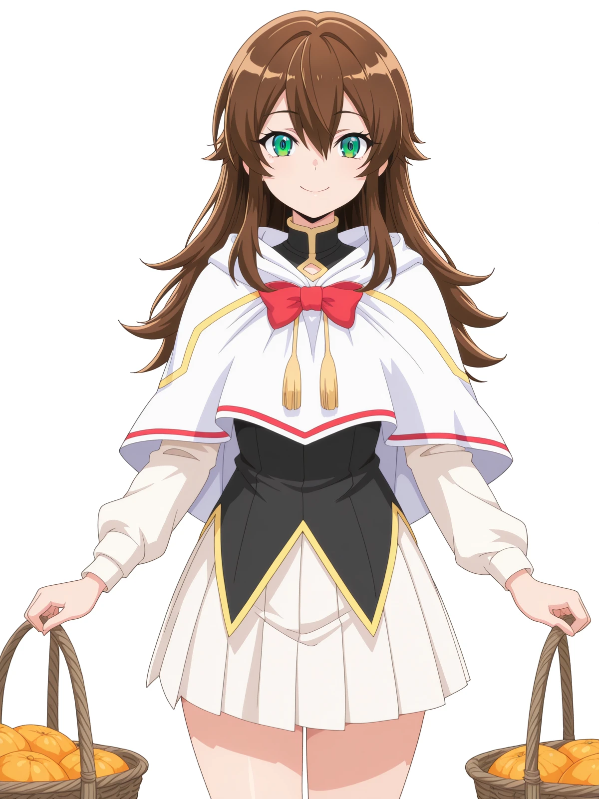 masterpiece, best quality, amazing quality,, <lora:saikyoutank-nin-s1-illustriousxl-lora-nochekaiser:1>, nin, long hair, brown hair, hair between eyes, green eyes, mature female, small , anime screencap, skirt, bow, red bow, capelet, white skirt, white capelet, black shirt, pleated skirt,, smile, farmers market, fresh produce, local vendors, baskets, sunny day, community, cowboy shot, solo, looking at viewer, <lora:transparent-background-illustriousxl-lora-nochekaiser:1>, transparent background, simple background, white background