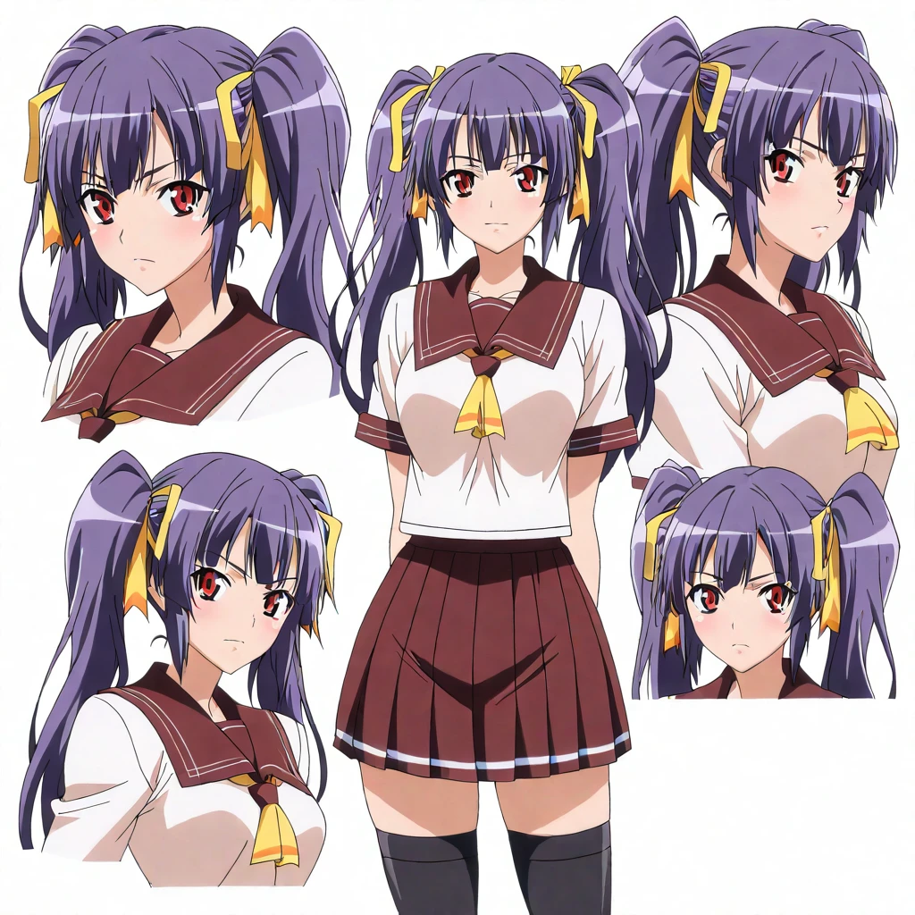 solo,masterpiece,high score,great score,absurdres,anime coloring,looking at viewer,<lora:character_Sheet_XL:0.5> character sheet, multiple views, white background,<lora:SakuyaAmagiri hassakuill30:1> sakuyaamagiri, purple hair, twintails, hair ribbon, red eyes,serafuku,skirt,thighhighs,