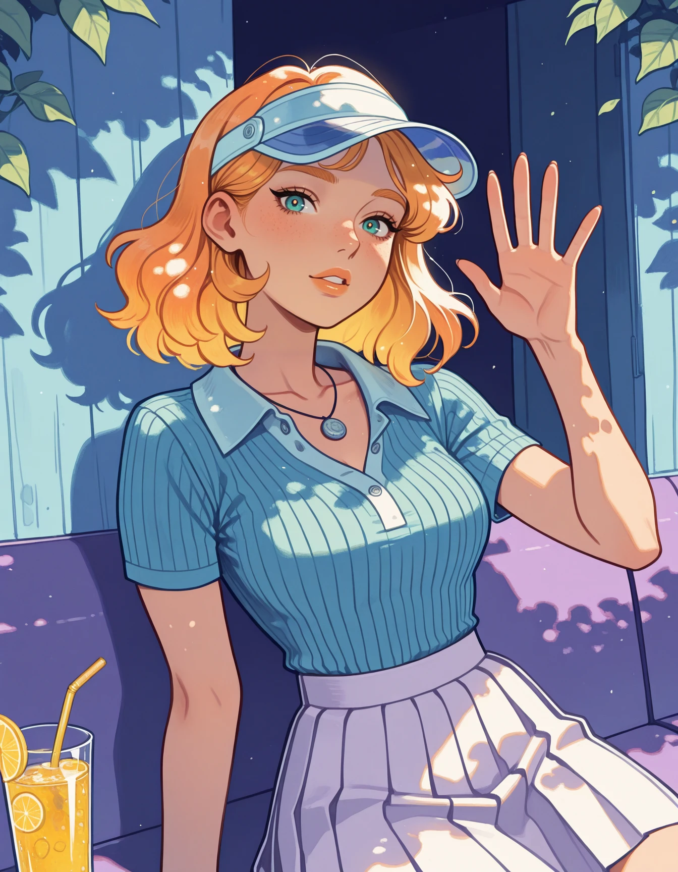 1girl, solo,  light blue polo shirt, (ribbed cashmere), buttons, light orange hair, freckles, parted lips, dappled sunlight, shirt collar, short sleeves, visor cap, pleated skirt, lemonade, <lora:VintagePolo-ILXL2025-08-08_13-38-35-save-689-68-9:0.9> collarbone, necklace, sitting, looking at viewer, waving  <lora:Style_ecstatic-Wonderkind-ILXL:1> CW-Illu masterpiece, best quality, very aesthetic, newest
