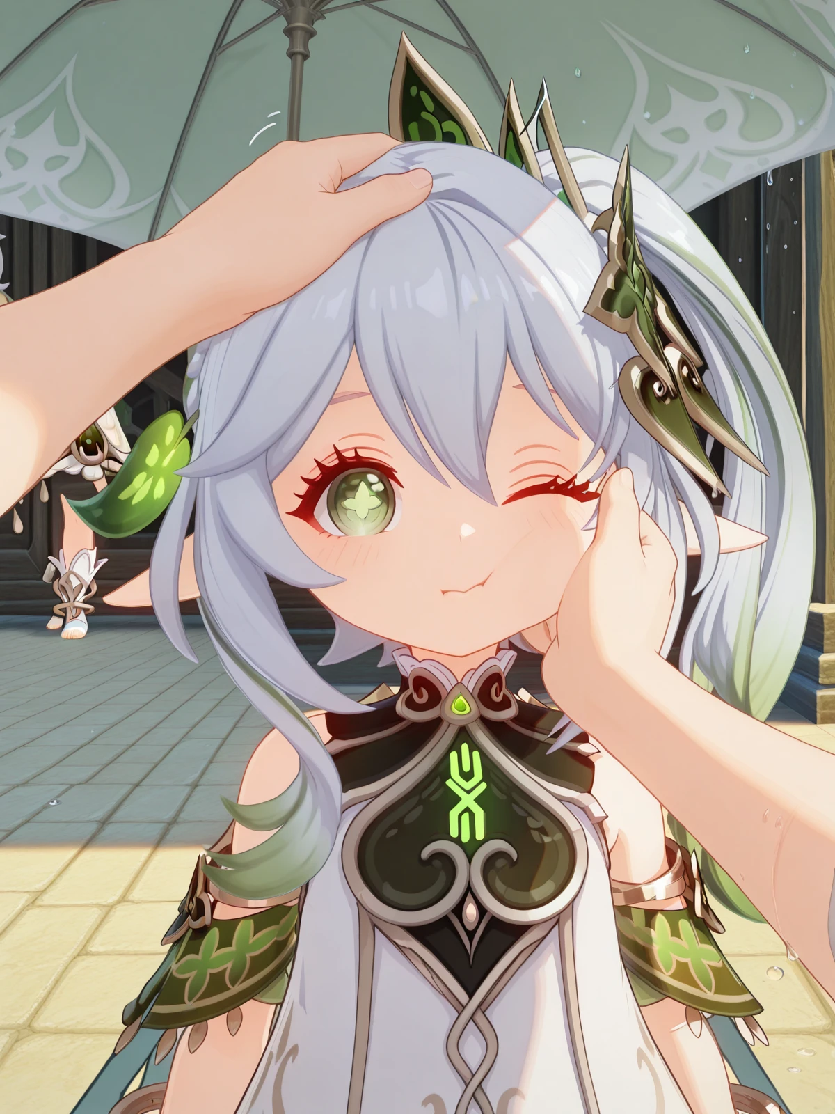masterpiece, best quality, amazing quality,, <lora:genshin-nahida-ingame-illustriousxl-lora-nochekaiser:1>, nahida, nahida (genshin impact), long hair, hair ornament, hair between eyes, green eyes, white hair, grey hair, multicolored hair, green hair, pointy ears, side ponytail, symbol-shaped pupils, gradient hair, 3d, dress, jewelry, detached sleeves, white dress, cape, bracelet, toeless legwear, stirrup legwear, toeless footwear, <lora:pov-cheek-and-head-pat-illustriousxl-lora-nochekaiser:1>, pov cheek and head pat, pov cheek and head pat (meme), looking at viewer, blush, upper body, one eye closed, solo focus, pov, hand on another's head, pov hands, headpat, hand on another's face, hand on another's cheek, petting,, rainy day, umbrella, walking home, puddles, wet hair, cowboy shot, solo, looking at viewer,