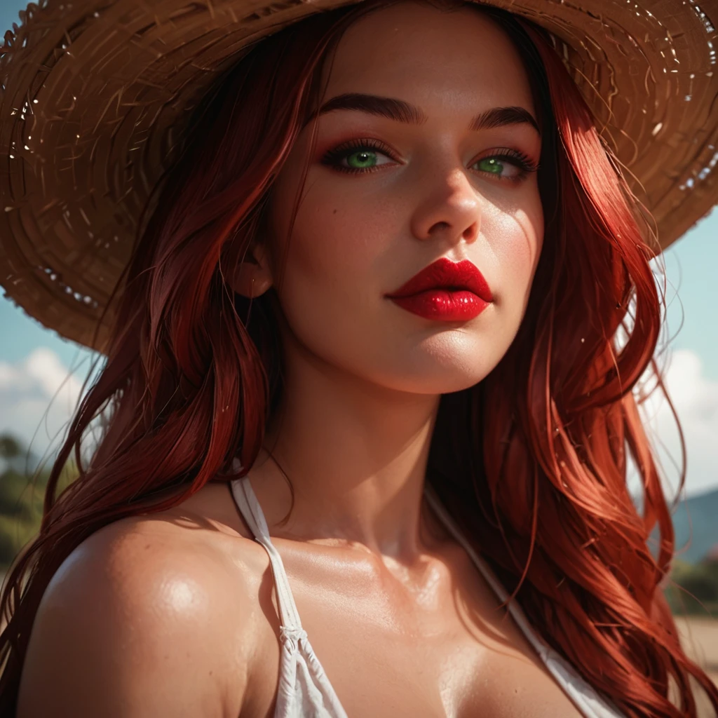 <lora:5M0K3Y51R33N:1> <lora:SmoothNegative_Hands-neg:1> score_9, score_8_up, score_7_up, masterpiece, best quality, 1girl, Milf, solo, 5M0K3Y51R33N, modelling headshot, portrait, from the shoulders up, hat, halter top, looking at viewer, red hair, long hair, green eyes, detailed hair, eye shadow, lipstick, seductive expression, SmoothNoob_Positive, dynamic perspective