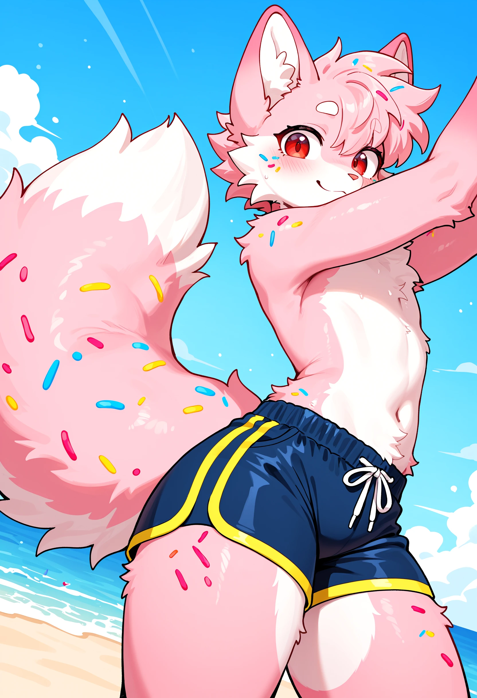 Kimiko Five-Tails, furry female anthro, fox girl, white body fur, pink hair, ((goggles, pink jacket, open clothes, black bikini)), small breasts, detailed body fur, detailed body, detailed face, detailed eyes, glistering body, shiny body, skinny, :3, multiple tails, multi tail, solo, body fur, (best quality), cinematic lighting, anime style, short ponytail, scar on the eye, 2D, beach, clear sky, full body, feets with three toes, 3 toes, fight stance, high kick, pawpads, barefoot, feet focus,
