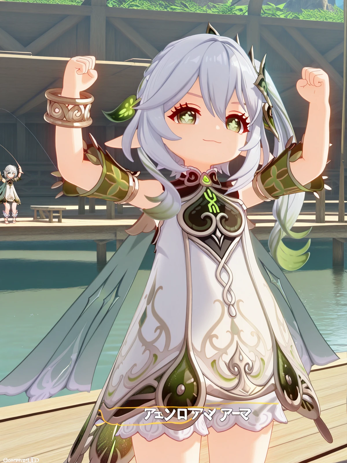 masterpiece, best quality, amazing quality,, <lora:genshin-nahida-ingame-illustriousxl-lora-nochekaiser:1>, nahida, nahida (genshin impact), long hair, hair ornament, hair between eyes, green eyes, white hair, grey hair, multicolored hair, green hair, pointy ears, side ponytail, symbol-shaped pupils, gradient hair, 3d, dress, jewelry, detached sleeves, white dress, cape, bracelet, toeless legwear, stirrup legwear, toeless footwear, <lora:colombia-pose-illustriousxl-lora-nochekaiser:1>, colombia pose, colombia pose (meme), meme, raised fists, victory pose, arms up, smile, smug,, pier, wood, water, fishing, dock, cowboy shot, solo, looking at viewer,