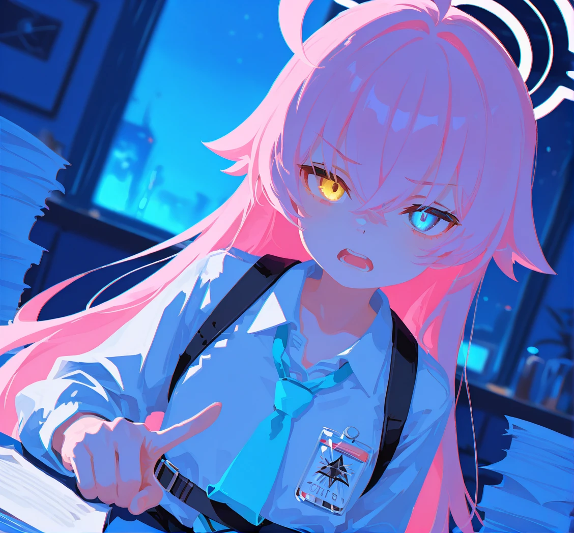 hoshino \(blue archive\), 1girl, white halo, huge ahoge, bangs, pink hair, blue eyes, yellow eyes, heterochromia, glowing eyes, blue necktie, upper body, close-up, looking at viewer, angry, frown, pointing, blurry background, chromatic aberration, chest harness, collarbone, collared shirt, eyebrows visible through hair, hair between eyes, long hair, long sleeves, open mouth, teeth, papers, office, night, blue theme, dutch angle, high contrast, detailed background, high resolution, amazing quality, best quality, good lighting, detailed eyes, very aesthetic, very awa, detailed
