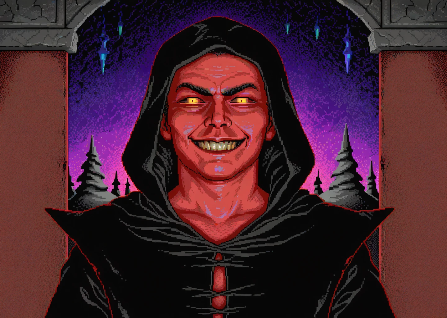 <lora:dosega-il:1> restricted palette, flat colors, 1boy, black cloak, wizard, evil grin,, best quality, high quality, masterpiece,