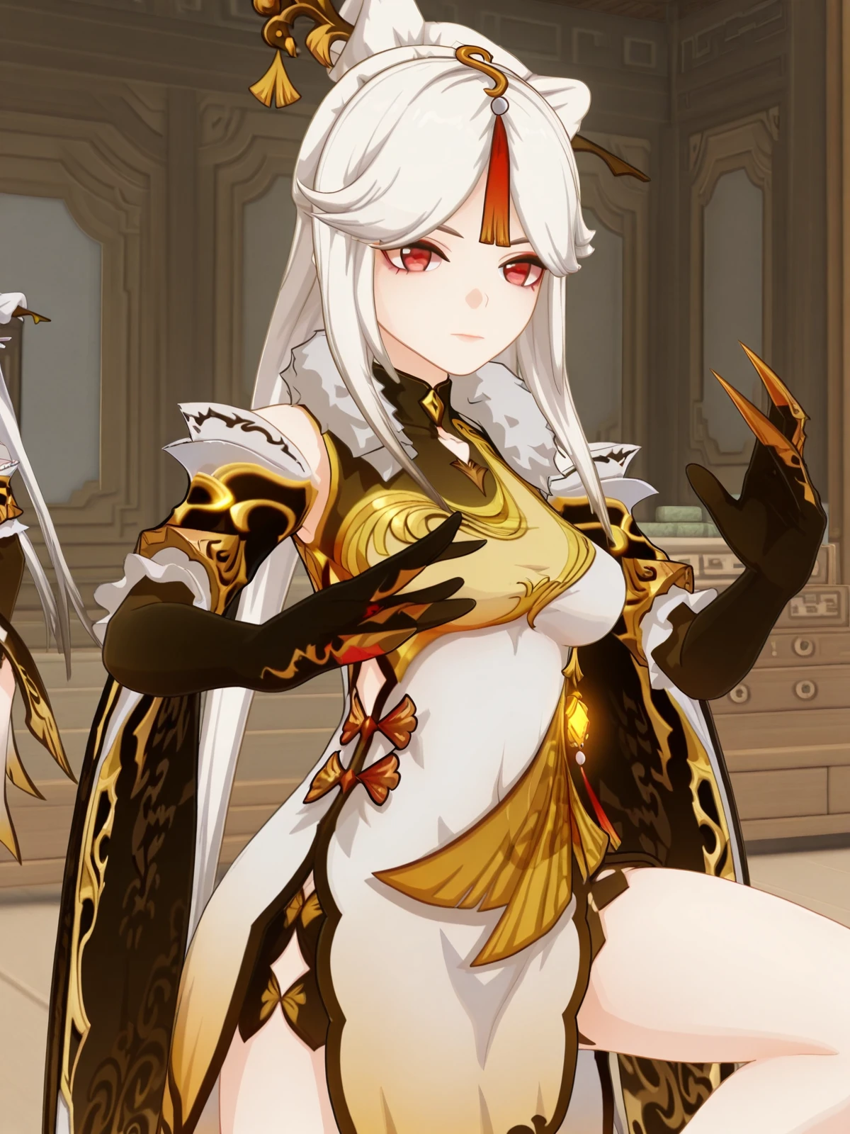 masterpiece, best quality, amazing quality,, <lora:genshin-ningguang-ingame-illustriousxl-lora-nochekaiser:1>, ningguang, ningguang (genshin impact), grey hair, hair ornament, hairpin, long hair, parted bangs, red eyes, sidelocks, streaked hair, red hair, mature female, breasts, 3d, bare shoulders, black gloves, chinese clothes, claw ring, detached sleeves, dress, elbow gloves, frilled sleeves, frills, fur collar, gloves, jewelry, pelvic curtain, sleeveless, sleeveless dress, white dress,, <lora:kung-fu-illustriousxl-lora-nochekaiser:1>, kung fu, martial arts, training, fighting stance, cowboy shot, leg up, armory, weapons, armor, storage_racks, military, cowboy shot, solo, looking at viewer,