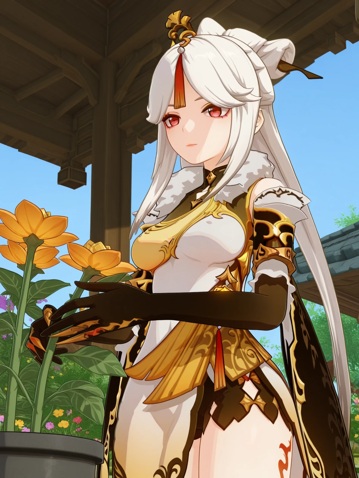 masterpiece, best quality, amazing quality,, <lora:genshin-ningguang-ingame-illustriousxl-lora-nochekaiser:1>, ningguang, ningguang (genshin impact), grey hair, hair ornament, hairpin, long hair, parted bangs, red eyes, sidelocks, streaked hair, red hair, mature female, breasts, 3d, bare shoulders, black gloves, chinese clothes, claw ring, detached sleeves, dress, elbow gloves, frilled sleeves, frills, fur collar, gloves, jewelry, pelvic curtain, sleeveless, sleeveless dress, white dress,, from below, gardening, watering plants, backyard, flowers blooming, sunny day, cowboy shot, solo, looking at viewer,