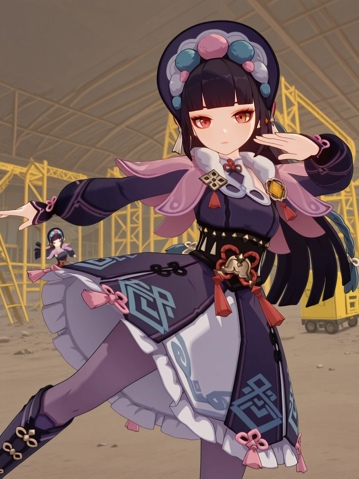 masterpiece, best quality, amazing quality,, <lora:genshin-yun-jin-ingame-illustriousxl-lora-nochekaiser:1>, yun jin, yun jin (genshin impact), black hair, blunt bangs, braid, eyeshadow, long hair, makeup, purple hair, red eyes, red eyeshadow, mature female, medium breasts, 3d, black footwear, boots, chinese clothes, fur trim, hat, knee boots, long sleeves, pantyhose, pom pom (clothes), purple pantyhose,, <lora:dynamic-pose-illustriousxl-lora-nochekaiser:1>, dynamic pose, kicking, cowboy shot, construction site, machines, workers, progress, dirt, cowboy shot, solo, looking at viewer,