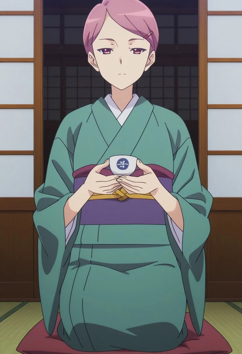 finetuneanime,anime screencap, official art, detailed anime, ultra detailed anime art, anime screencap, screencap, score 9, score 8 up, score 7 up, masterpiece, anime coloring, source anime,
BREAK
SuzuriKimono, mature female, 1girl, solo, short hair, pink hair, slicked hair, dark pink eyes, large breast, curvy, wide hips, female focus, japanese clothes, green kimono, purple and red obi, long sleeves, wide sleeves, white socks,
BREAK
cowboy shot, sitting, japanese tea cup, seiza, holding cup, cushion, zabuton, japanese traditional house, sliding door, detailed background,