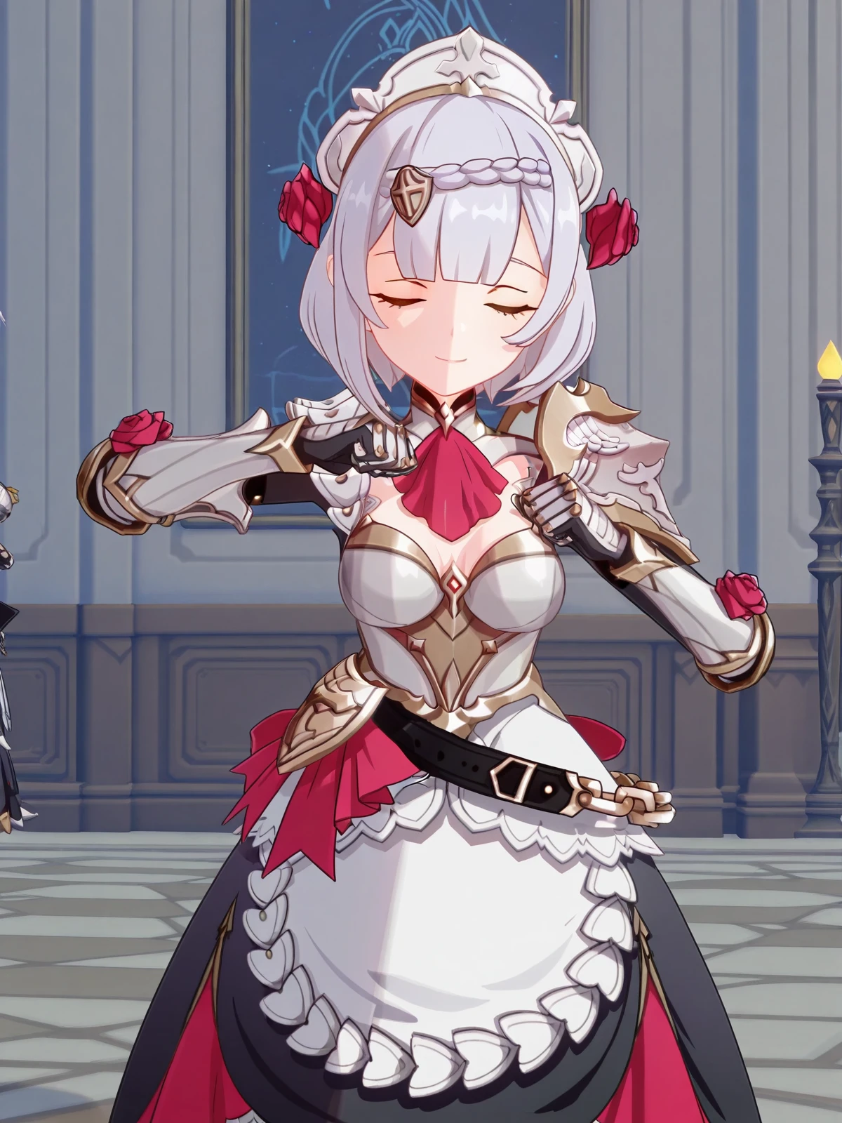 masterpiece, best quality, amazing quality,, <lora:genshin-noelle-ingame-illustriousxl-lora-nochekaiser:1>, noelle, noelle (genshin impact), braid, flower, hair flower, hair ornament, short hair, silver hair, green eyes, mature female, medium breasts, 3d, apron, armor, ascot, black pantyhose, black skirt, dress, gauntlets, gold trim, headdress, long sleeves, maid, maid apron, maid headdress, pantyhose, pauldrons, shoulder armor, skirt, strap,, <lora:shikairo-days-dance-illustriousxl-lora-nochekaiser:1>, shikairo days dance, shikairo days dance (meme), dancing, meme, closed eyes, clenched hands, glowsticks, smile, cowboy shot, minaret, tall, mosque, call_to_prayer, holy, cowboy shot, solo, looking at viewer,