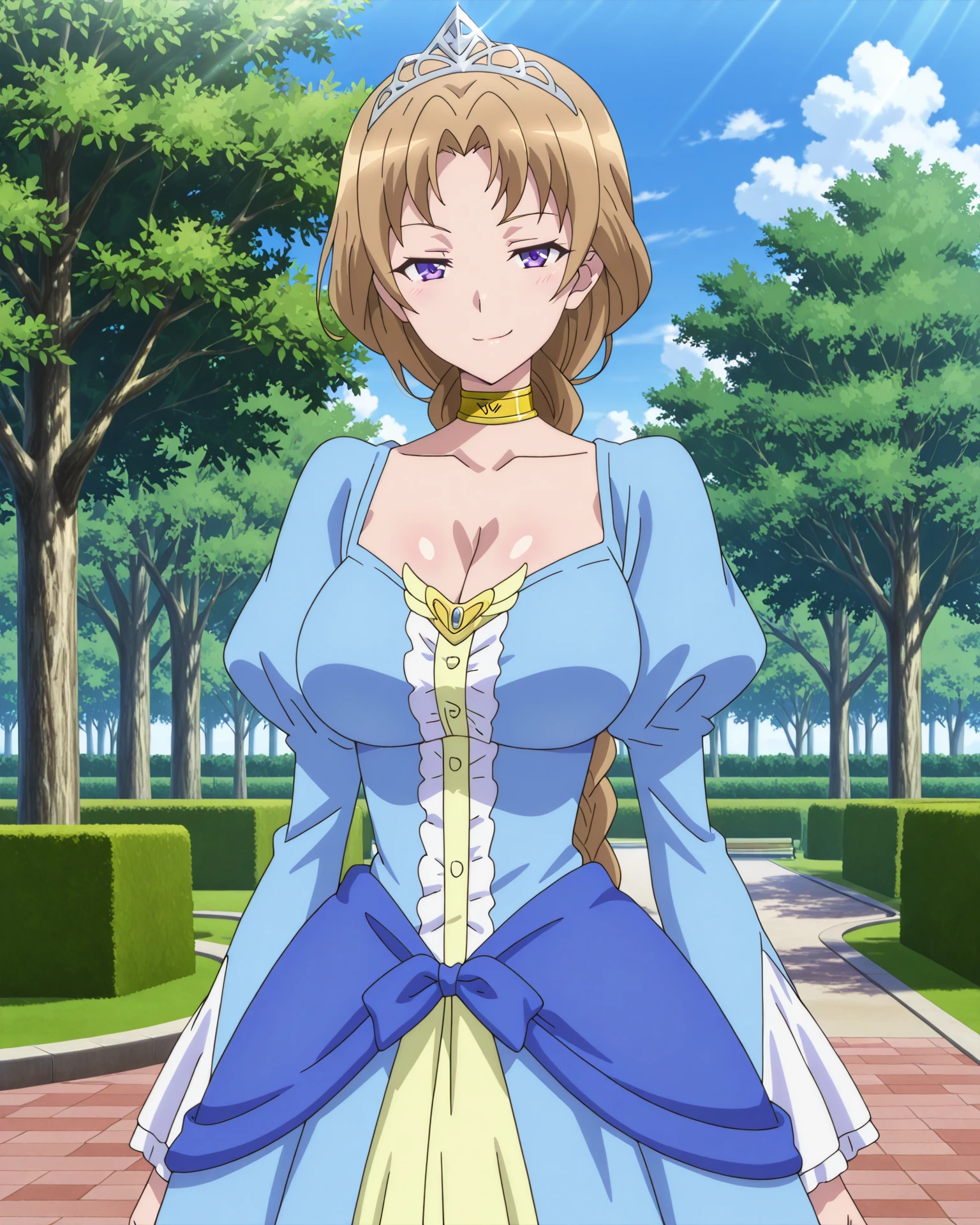 4k, ultra-detailed, absurdres, high resolution, beautiful lighting, cinematic composition, sharp focus, newest, (masterpiece:1.3), (best quality:1.3), (anime screencap:1.5), highly detailed shading, soft shading, glossy skin, realistic proportions, standing,cowboy shot,smirk,looking at viewer, soft lighting, outdoors, park,blue sky,
dynamic pose,
<lora:susamix010-pony:0.6> (anime coloring),
<lora:AddMicroDetails_Illustrious:0.3> addmicrodetails,
<lora:Ellen_Ernea_Ortlinde__Isekai_Smartphone:1> ellenerneaortlinde, tied hair,braid, single braid, purple eyes, blue dress, crown, yellow choker,, large breasts