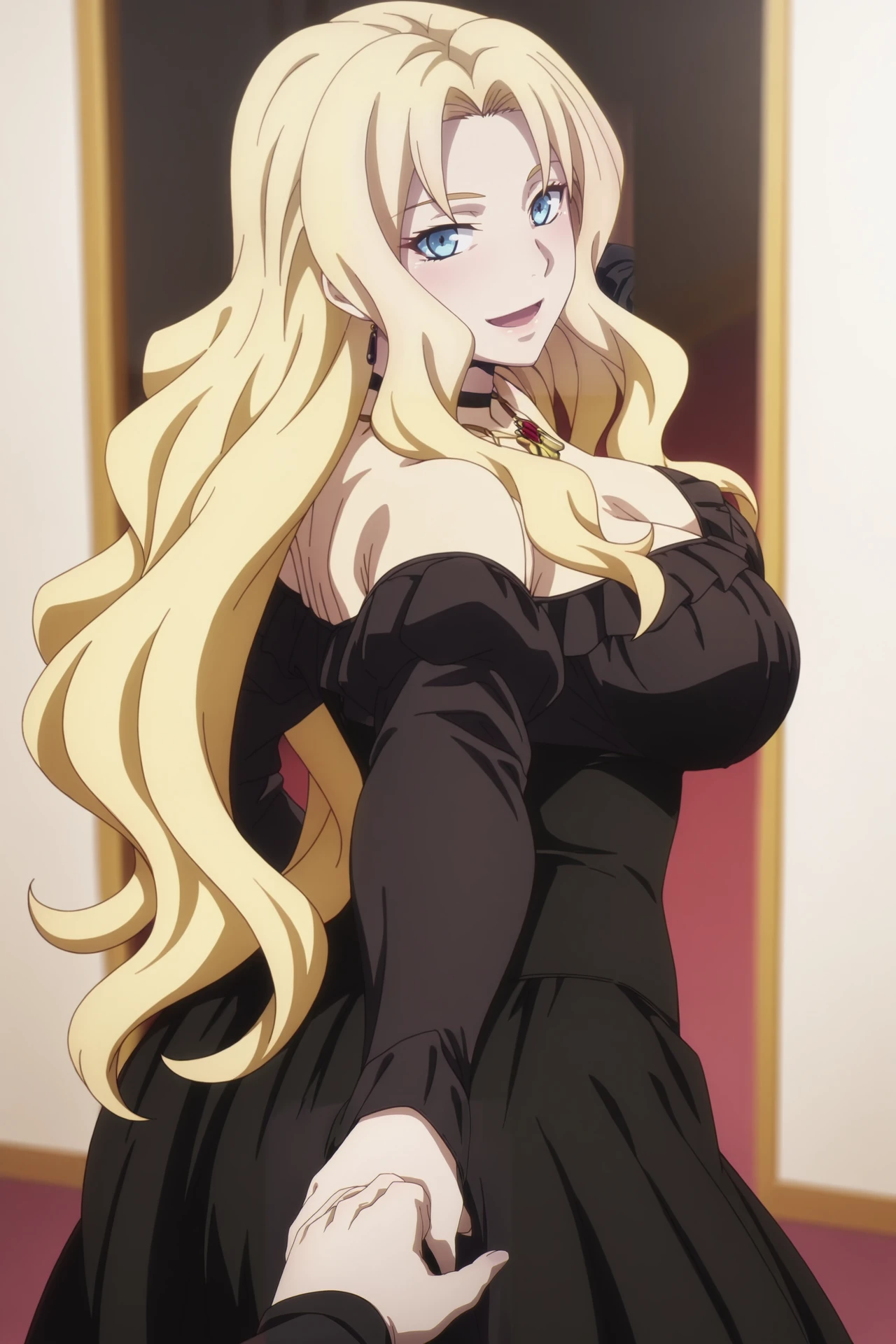 source_anime, anime coloring, masterpiece, looking at viewer,
<lora:Marrine_Kreische-10:1> marrine_kreische, 1girl, solo, long hair, blonde hair, dress, black dress, bare shoulders, anime coloring, jewelry, large breasts, necklace, blue eyes, wavy hair, choker, long sleeves, cleavage, off-shoulder dress,, <lora:pulling-pov-illustriousxl-lora-nochekaiser:1> pulling pov, looking at viewer, smile, open mouth, solo focus, holding hands, pov, pov hands, from behind,