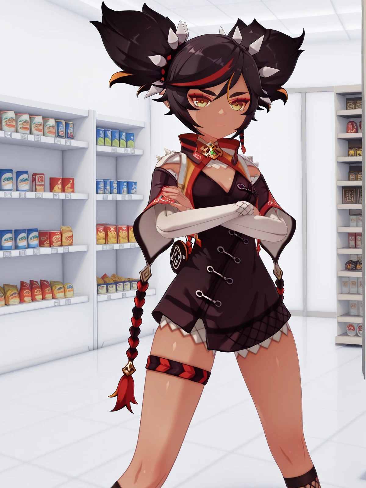 masterpiece, best quality, amazing quality,, <lora:genshin-xinyan-ingame-illustriousxl-lora-nochekaiser:1>, xinyan, xinyan (genshin impact), black hair, twintails, yellow eyes, multicolored hair, red hair, dark skin, streaked hair, dark-skinned female, spikes, hair ornament, mature female, small , 3d, shorts, black dress, long sleeves, detached sleeves, kneehighs, thigh strap, chinese clothes, fishnets, fishnet socks, <lora:kung-fu-illustriousxl-lora-nochekaiser:1>, kung fu, martial arts, training, fighting stance, cowboy shot, crossed arms, convenience store, snacks, shelves, counter, quick, cowboy shot, solo, looking at viewer,