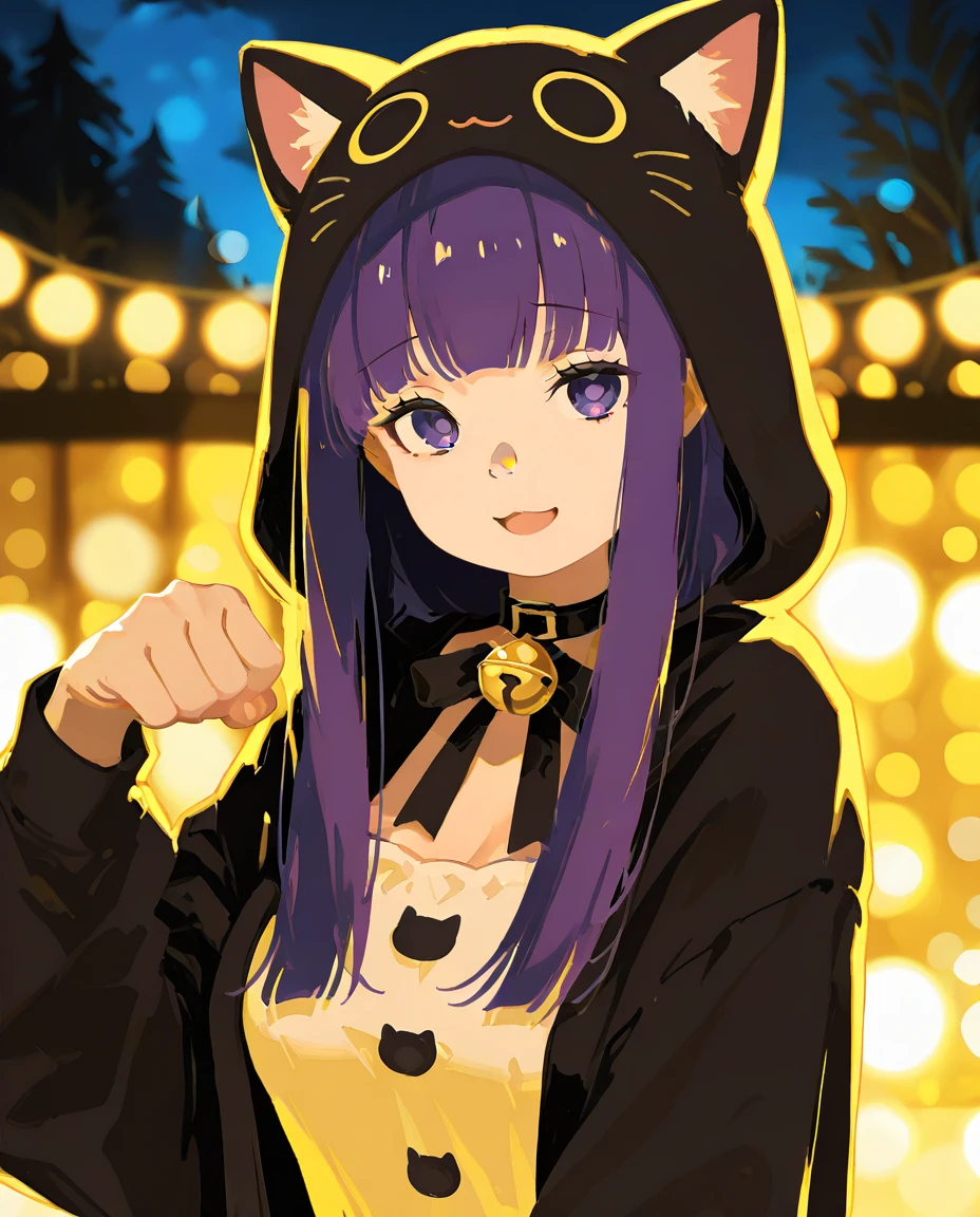fern \(sousou no frieren\), cat costume, bell, :3, upper body, paw pose, smile, open mouth, yellow theme:1.3, bokeh, masterpiece, best quality, perfect anatomy, depth of field, night, outdoors, detailed background, high resolution, amazing quality, good lighting, detailed eyes, very aesthetic, very awa, detailed