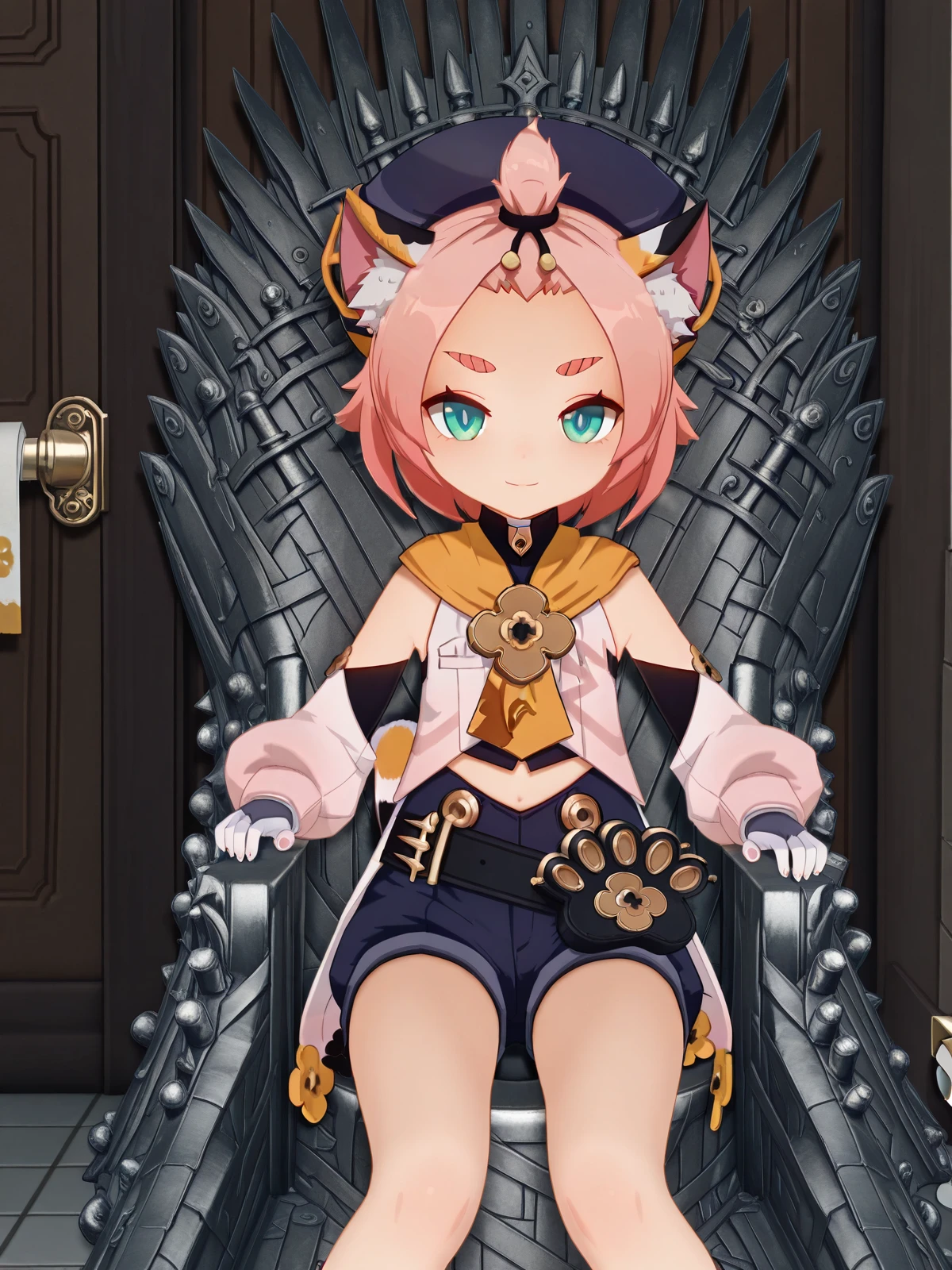 masterpiece, best quality, amazing quality,, <lora:genshin-diona-ingame-illustriousxl-lora-nochekaiser:1>, diona, diona (genshin impact), short hair, animal ears, green eyes, tail, pink hair, sidelocks, cat ears, animal ear fluff, cat tail, thick eyebrows, cat girl, forehead, bangs pinned back, 3d, shirt, long sleeves, gloves, hat, ribbon, detached sleeves, shorts, puffy sleeves, belt, white gloves, black headwear, black shorts, blue shorts, paw print, puffy shorts, <lora:iron-throne-illustriousxl-lora-nochekaiser:1>, iron throne, sitting, looking at viewer, sword, throne, sitting on throne, smile, feet out of frame, toilet stall, privacy, tiles, toilet_paper, door, cowboy shot, solo, looking at viewer,