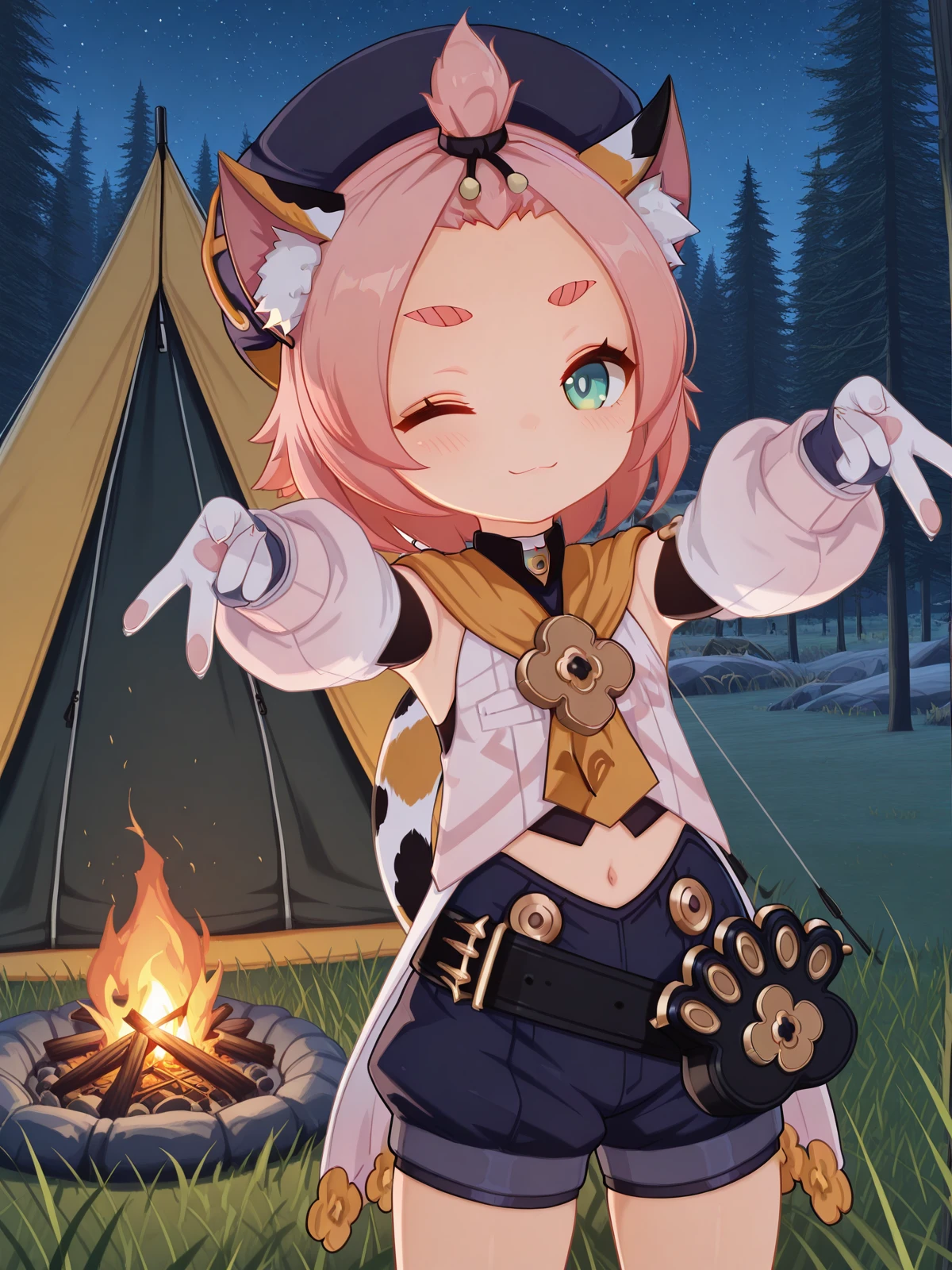 masterpiece, best quality, amazing quality,, <lora:genshin-diona-ingame-illustriousxl-lora-nochekaiser:1>, diona, diona (genshin impact), short hair, animal ears, green eyes, tail, pink hair, sidelocks, cat ears, animal ear fluff, cat tail, thick eyebrows, cat girl, forehead, bangs pinned back, 3d, shirt, long sleeves, gloves, hat, ribbon, detached sleeves, shorts, puffy sleeves, belt, white gloves, black headwear, black shorts, blue shorts, paw print, puffy shorts, <lora:double-gyaru-v-illustriousxl-lora-nochekaiser:1>, doublegyaruv, solo, looking at viewer, blush, smile, one eye closed, standing, cowboy shot, double v,, camping, bonfire, tent, stargazing, marshmallows, forest clearing, night, cowboy shot, solo, looking at viewer,