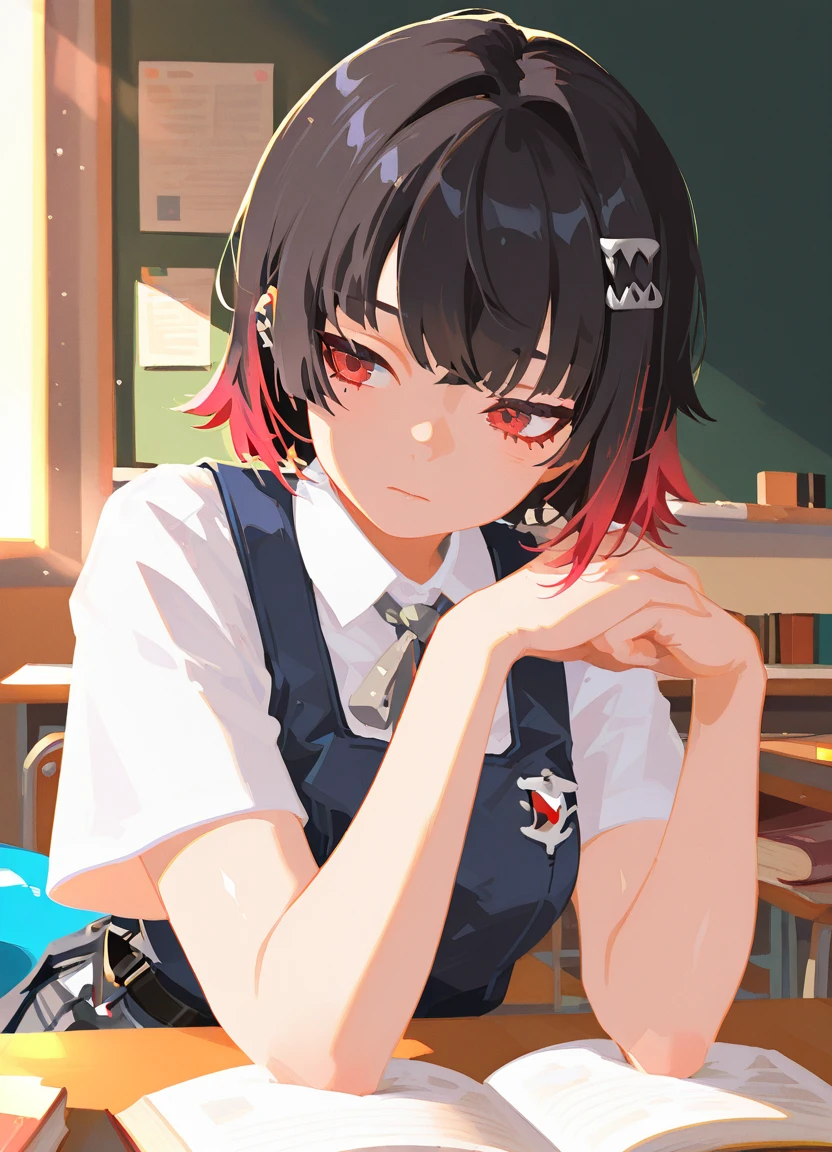 ellen joe (zenless zone zero), shark girl, shark tail, school girl uniform,high definition eyes,high gradient eyes,black hair, red highlights, short hair, large eyes, red eyes, school uniform, white shirt,sitting at desk, leaning on hands, book, reading, indoors, classroom, sunlight,bright light:1.5,front,close-up, focused expression, detailed hair, highlights, school setting, detailed background, desk, book pages,shiny skin,soft lighting,detailed background,high resolution,amazing quality,high resolution,amazing quality,best quality,good lighting, detailed eyes,very aesthetic,very awa,detailed