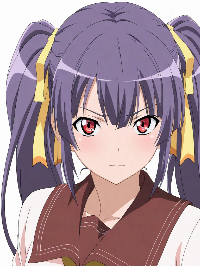 solo,masterpiece,high score,great score,absurdres,portrait,white background,anime coloring,looking at viewer,<lora:SakuyaAmagiri hassakuill30:1> sakuyaamagiri, purple hair, twintails, hair ribbon, red eyes,serafuku,