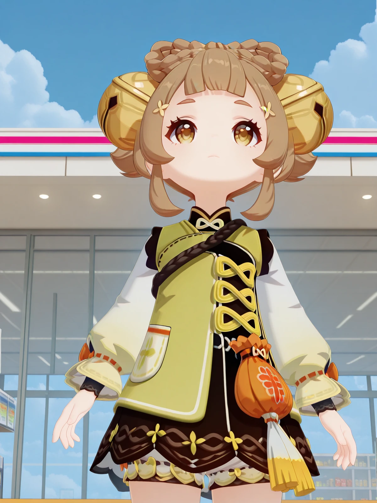 masterpiece, best quality, amazing quality,, <lora:genshin-yaoyao-ingame-illustriousxl-lora-nochekaiser:1>, yaoyao, yaoyao (genshin impact), brown hair, hair ornament, brown eyes, braid, sidelocks, blunt bangs, bell, jingle bell, hair bell, bow-shaped hair, 3d, long sleeves, dress, jacket, puffy sleeves, fur trim, chinese clothes, puffy long sleeves, bloomers, white bloomers,, <lora:lupang-hinirang-illustriousxl-lora-nochekaiser:1>, lupang hinirang, solo, looking up, expressionless, closed mouth, hand up, hand on own chest, clouds, blue sky, outdoors, upper body, convenience store, snacks, shelves, counter, quick, cowboy shot, solo, looking at viewer,