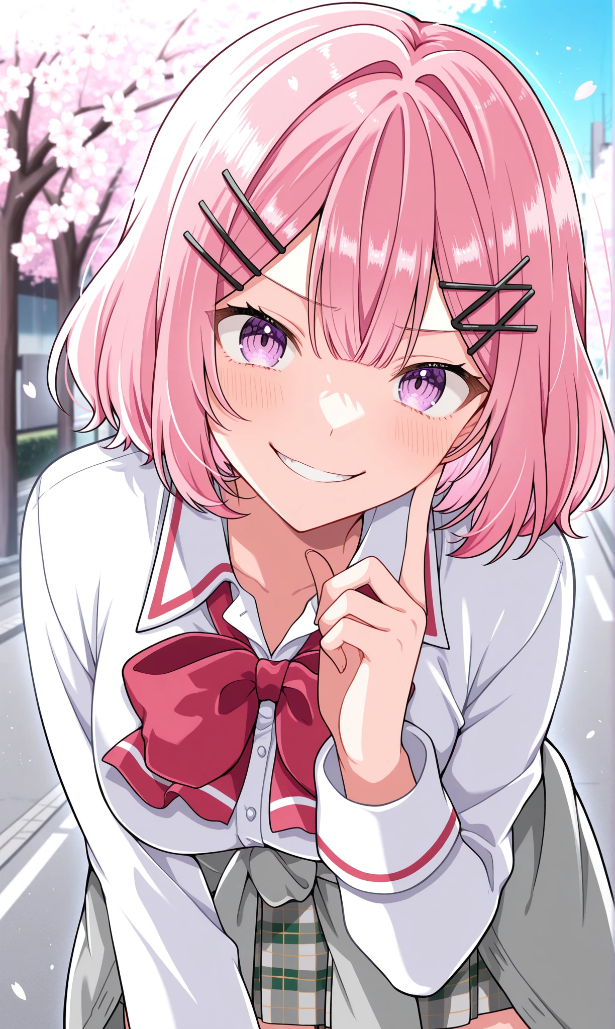 <lora:amaori_renako_illust_scarxzys:1>, amaori renako, pink hair, short hair, double-parted bangs, pink eyes, x hair ornament, ashigaya high school uniform, white shirt, collared shirt, long sleeves, red bowtie, grey cardigan, cardigan around waist, clothes around waist, grey skirt, plaid skirt, miniskirt, 1girl, solo, masterpiece, best quality, amazing quality, cherry blossoms, street, looking at viewer, close-up, leaning forward, evil smile, finger to cheek