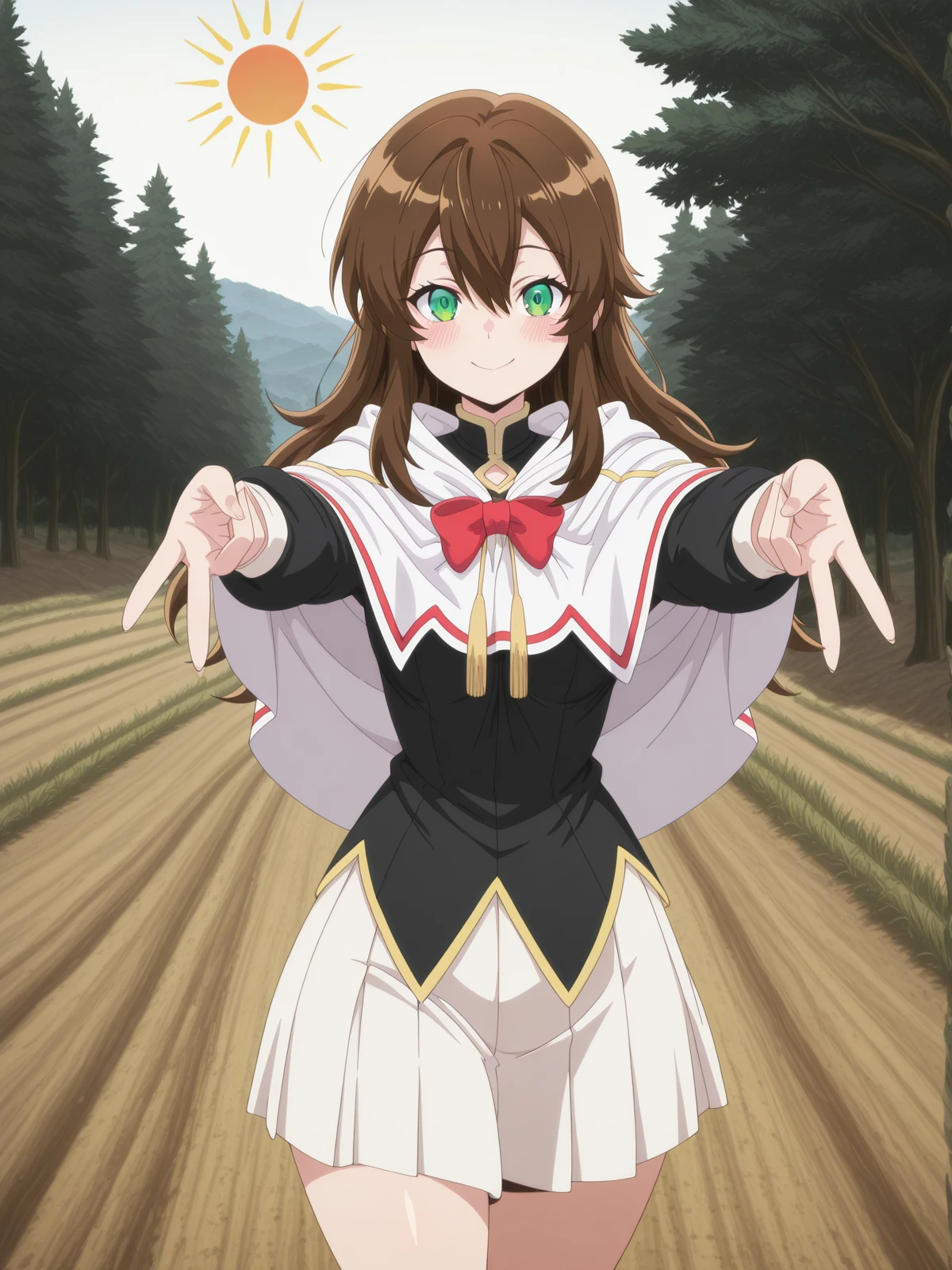 masterpiece, best quality, amazing quality,, <lora:saikyoutank-nin-s1-illustriousxl-lora-nochekaiser:1>, nin, long hair, brown hair, hair between eyes, green eyes, mature female, small breasts, anime screencap, skirt, bow, red bow, capelet, white skirt, white capelet, black shirt, pleated skirt,, <lora:double-gyaru-v-illustriousxl-lora-nochekaiser:1>, doublegyaruv, solo, looking at viewer, blush, smile, standing, cowboy shot, double v,, bike ride, countryside, dirt road, trees, afternoon sun, peaceful, alone, cowboy shot, solo, looking at viewer,