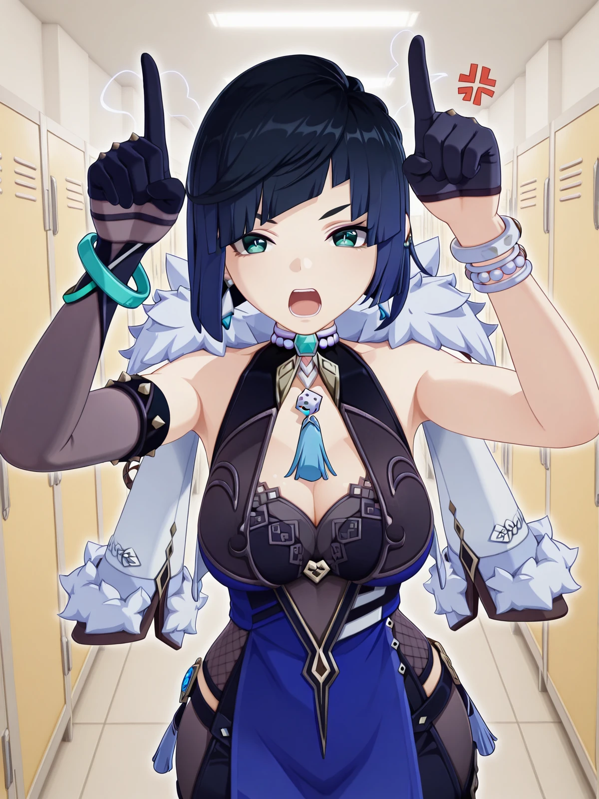 masterpiece, best quality, amazing quality,, <lora:genshin-yelan-ingame-illustriousxl-lora-nochekaiser:1>, yelan, yelan (genshin impact), black hair, blue hair, eyebrows hidden by hair, green eyes, multicolored hair, short hair, mature female, breasts, 3d, bare shoulders, black gloves, chinese clothes, cleavage, elbow gloves, jewelry, necklace, straight-on, fur trim,, <lora:horns-pose-illustriousxl-lora-nochekaiser:1>, horns pose, index fingers raised, angry, steam, open mouth, shouting, anger vein, cowboy shot, hands up,, school hallway, lockers, between classes, everyday life, cowboy shot, solo, looking at viewer,