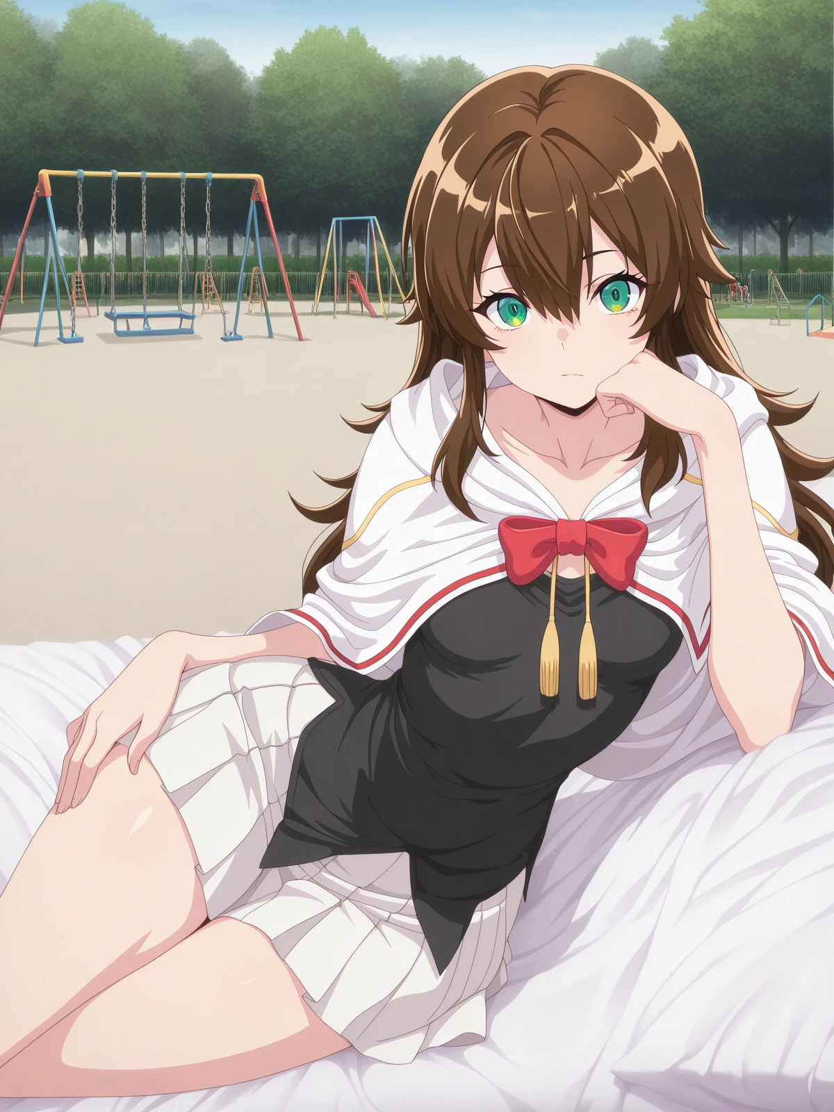 masterpiece, best quality, amazing quality,, <lora:saikyoutank-nin-s1-illustriousxl-lora-nochekaiser:1>, nin, long hair, brown hair, hair between eyes, green eyes, mature female, small breasts, anime screencap, skirt, bow, red bow, capelet, white skirt, white capelet, black shirt, pleated skirt,, <lora:hand-on-own-hip-on-side-illustriousxl-lora-nochekaiser:1>, hand on own hip on side, looking at viewer, collarbone, lying, hand on hip, bed, bed sheet, arm support, on bed, on side, head rest, hand on own thigh, public park, playground, swing set, laughter, sunny day, cowboy shot, solo, looking at viewer,