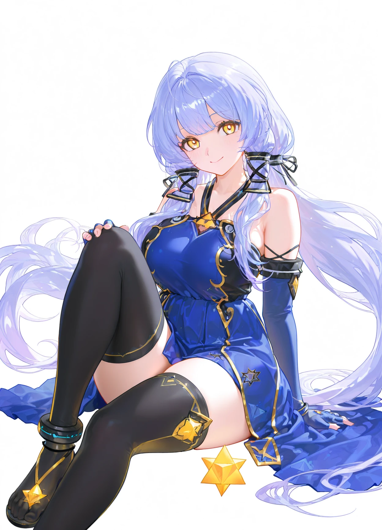 huge filesize,(((very awa))),(((very aesthetic))),((masterpiece))),(((best quality))),newest,[[4 fingers]],4toes,
((solo:1.5)),1girl,<lora:Age-V2:2>,
real world location,photo bashing,
<lora:XinchenTSY-000015:1>,
Xingchentsy,
blue hair,light blue hair,purple hair,gradient hair,long hair,very long hair,quad tails,sidelocks,hair tubes,hair ribbon,tress ribbon,floating hair,bright pupils,yellow eyes,yellow dress,purple dress,halter dress,two-sided dress,gold trim,bare shoulders,black thighhighs,thighhighs,zettai ryouiki,blue gloves,elbow gloves,fingerless gloves,black ribbon,ribbon,jewelry,hexagram,star of david,star print,triangle,triangle print,stellated octahedron,anklet,
eyes_focus,white background,simple background,full_shot,(sitting:1.2),looking_at_viewer,smile,