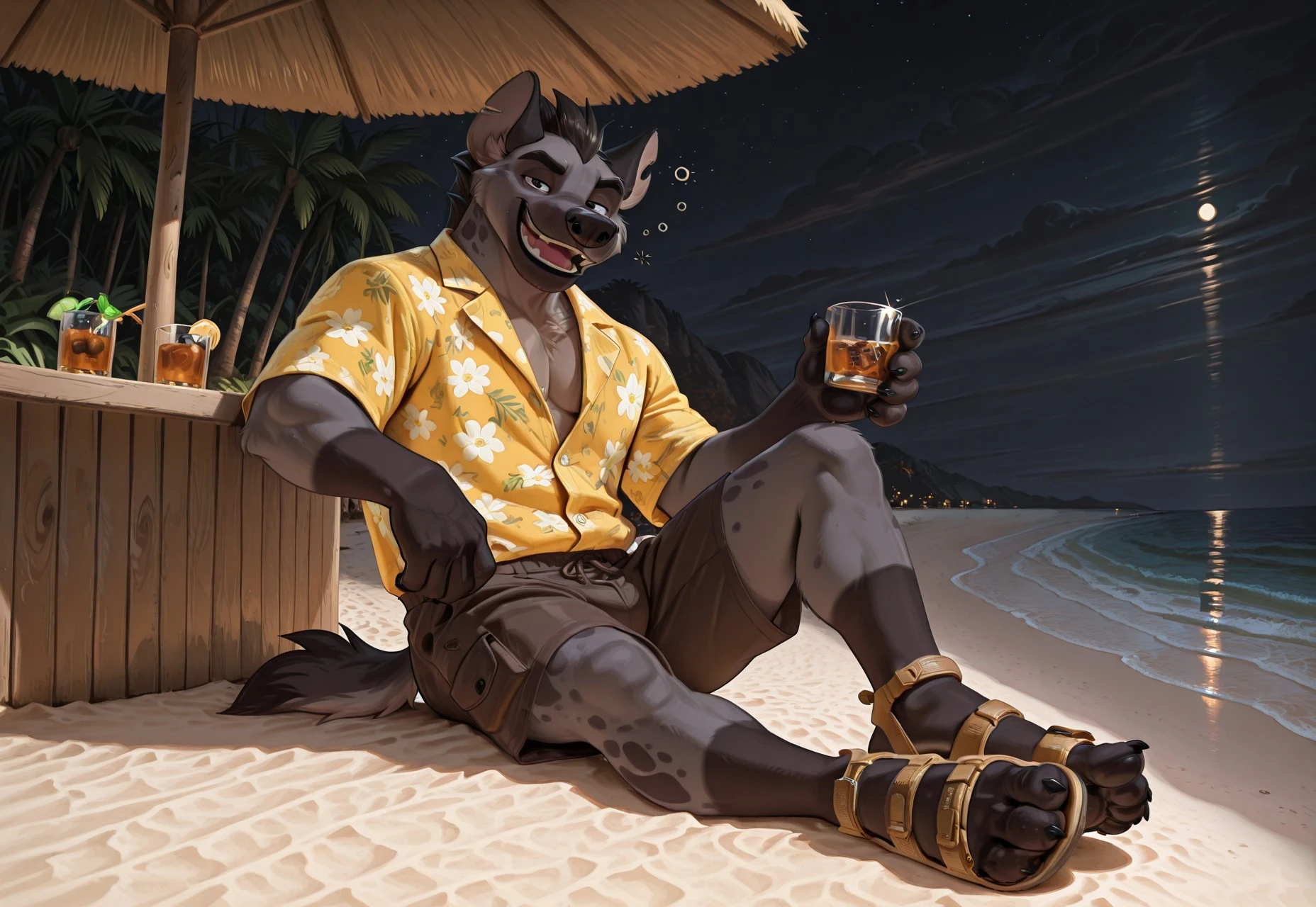 furry anthro hyena, bwu (((Barefoot furry character, full body, cinematic setting, furry male, anthro, plantigrade))), (((Janja))), bara, solo, in a (((yellow Hawaiian shirt))) with green or purple pattern, wearing shorts, leather bracelets, leather anklets, nice feet paws, feet towards the viewer, feet POV, (((brown velcro sandals))), dynamic pose, smile, drinks whiskey, (((drunk))), sleepy, sitting on beach, near beach bar, t1k1, (((night))), (((outdoors))), focus on feet paws, (((dutch angle))) BREAK, intricate details, highly detailed, extreme detail, octane render, fine art, best quality, highres, (detailed face:1.5), ((full_body)), UHD, (((perfect hands))), low light, anime