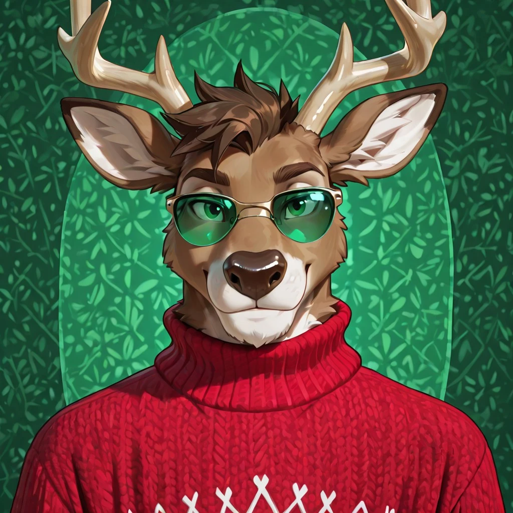 furry, solo anthro, male, smile, bust portrait, tilted head, looking at viewer, Dolph, reindeer, brown fur, red sweater, green sunglasses