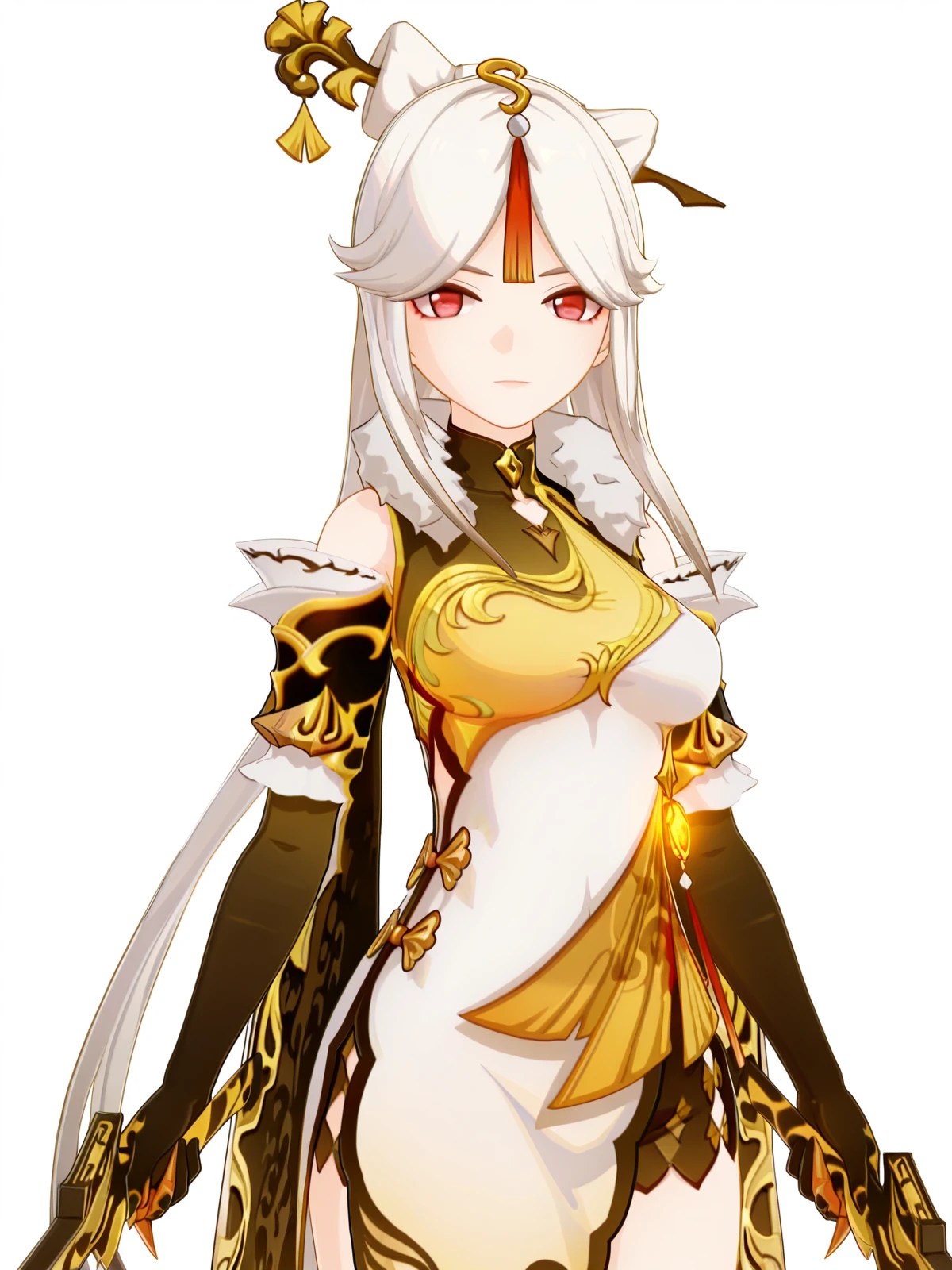 masterpiece, best quality, amazing quality,, <lora:genshin-ningguang-ingame-illustriousxl-lora-nochekaiser:1>, ningguang, ningguang (genshin impact), grey hair, hair ornament, hairpin, long hair, parted bangs, red eyes, sidelocks, streaked hair, red hair, mature female, breasts, 3d, bare shoulders, black gloves, chinese clothes, claw ring, detached sleeves, dress, elbow gloves, frilled sleeves, frills, fur collar, gloves, jewelry, pelvic curtain, sleeveless, sleeveless dress, white dress,, <lora:dynamic-pose-illustriousxl-lora-nochekaiser:1>, dynamic pose, holding weapon, weapon, holding, dual wielding, cowboy shot, guard tower, security, tall, lookout, protective, cowboy shot, solo, looking at viewer, <lora:transparent-background-illustriousxl-lora-nochekaiser:1>, transparent background, simple background, white background