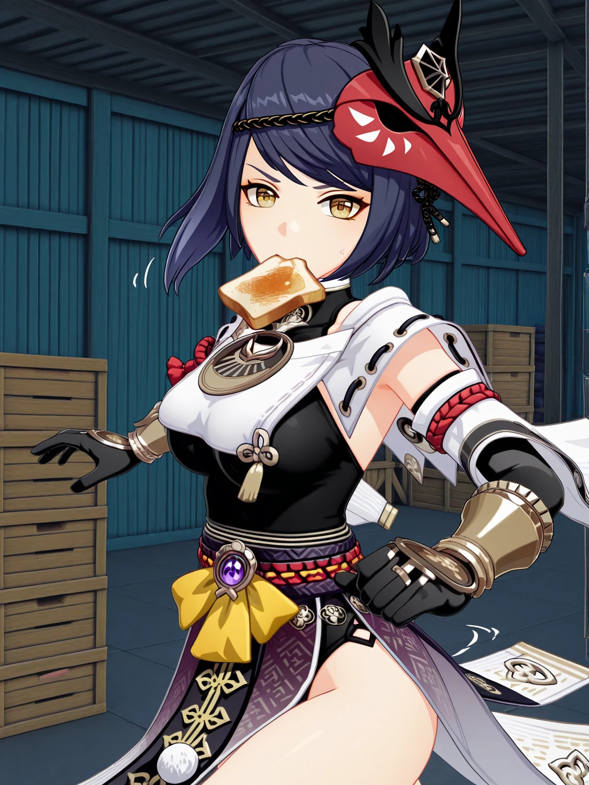 masterpiece, best quality, amazing quality,, <lora:genshin-sara-kujou-ingame-illustriousxl-lora-nochekaiser:1>, sara kujou, kujou sara, blue hair, short hair, swept bangs, yellow eyes, mature female, breasts, 3d, bird mask, gloves, leotard, bracer, detached sleeves, elbow gloves, gloves, japanese clothes, jewelry, leotard, mask, mask on head, obi, pelvic curtain, pendant, sash, sleeveless, vision (genshin impact), wide sleeves,, <lora:food-in-mouth-running-illustriousxl-lora-nochekaiser:1>, food in mouth running, food in mouth, running, bread, bread slice, food, toast in mouth, toast, sweatdrop, motion lines, motion blur, outdoors, cowboy shot, from side, warehouse, storage, shelves, boxes, large, cowboy shot, solo, looking at viewer,