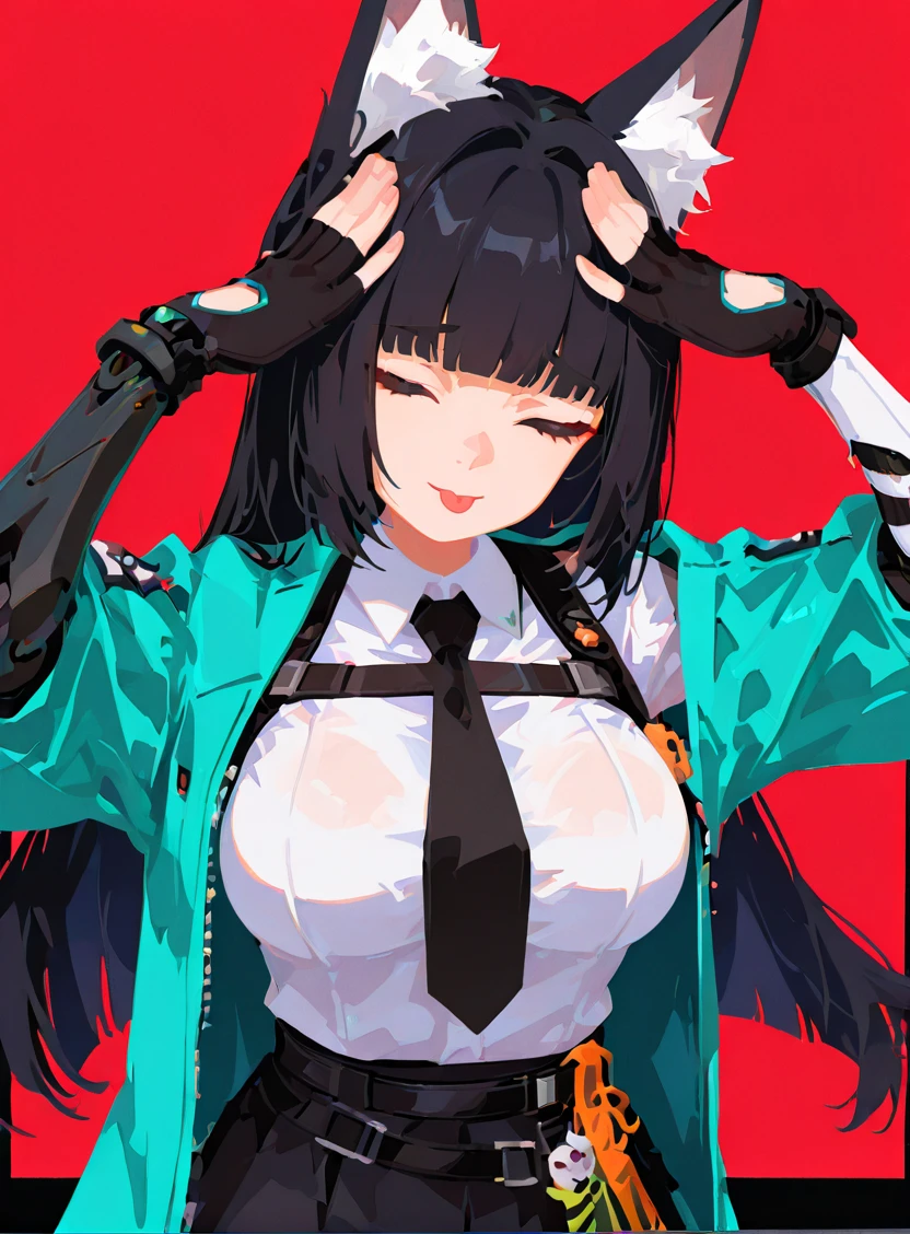 hEtoBlehMeme, closed eyes, tongue out, :p, hands on own head, smile, <lora:AhEtoBlehMeme_illusXLNoobAI_Incrs_v1:0.8>, 1girl, solo, hoshimi miyabi, zenless zone zero, fox girl.animal fluff ears, long hair, black hair, aqua jacket, fingerless gloves, black necktie, black gloves, large breasts, white shirt, looking at viewer, upper body, black skirt, collared shirt, open clothes, two-tone background, red background, simple background, hand up, blue jacket, blunt bangs, mechanical arms, newest, very awa, absurdres, highres