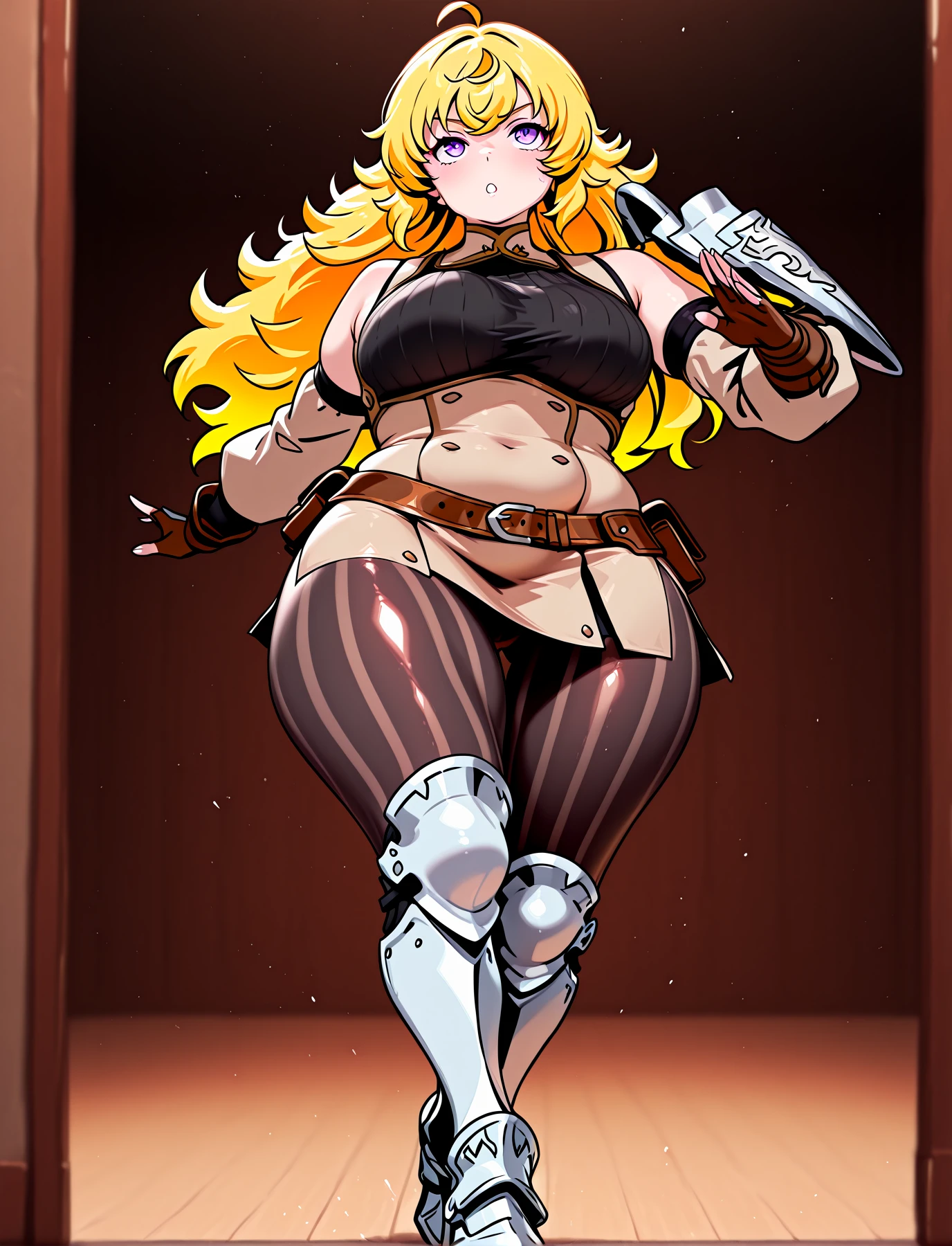full body, 1girl, solo, dynamic pose, dancing,
<lora:LECO-mature_female_XL(ill)v11:1> , <lora:Curvier:1>plump, thick thighs, wide hips, curvy, thigh gap,
<lora:AwakeningMercenary:1> AwaMerc, light brown short dress, underbust, black sweater, sleeveless dress, detached sleeves, light brown sleeves, brown belt, fingerless gloves, brown gloves, single pauldron, black pantyhose, vertical-striped leggings, armored legs, white armored boots
<lora:Yang(allillus):1> Yang Xiao Long (RWBY All Volumes), blonde hair, long hair, ahoge, purple eyes, large breasts,, IllusP0s, masterpiece, best quality, amazing quality, very aesthetic, absurdres, newest, Smooth_Quality
