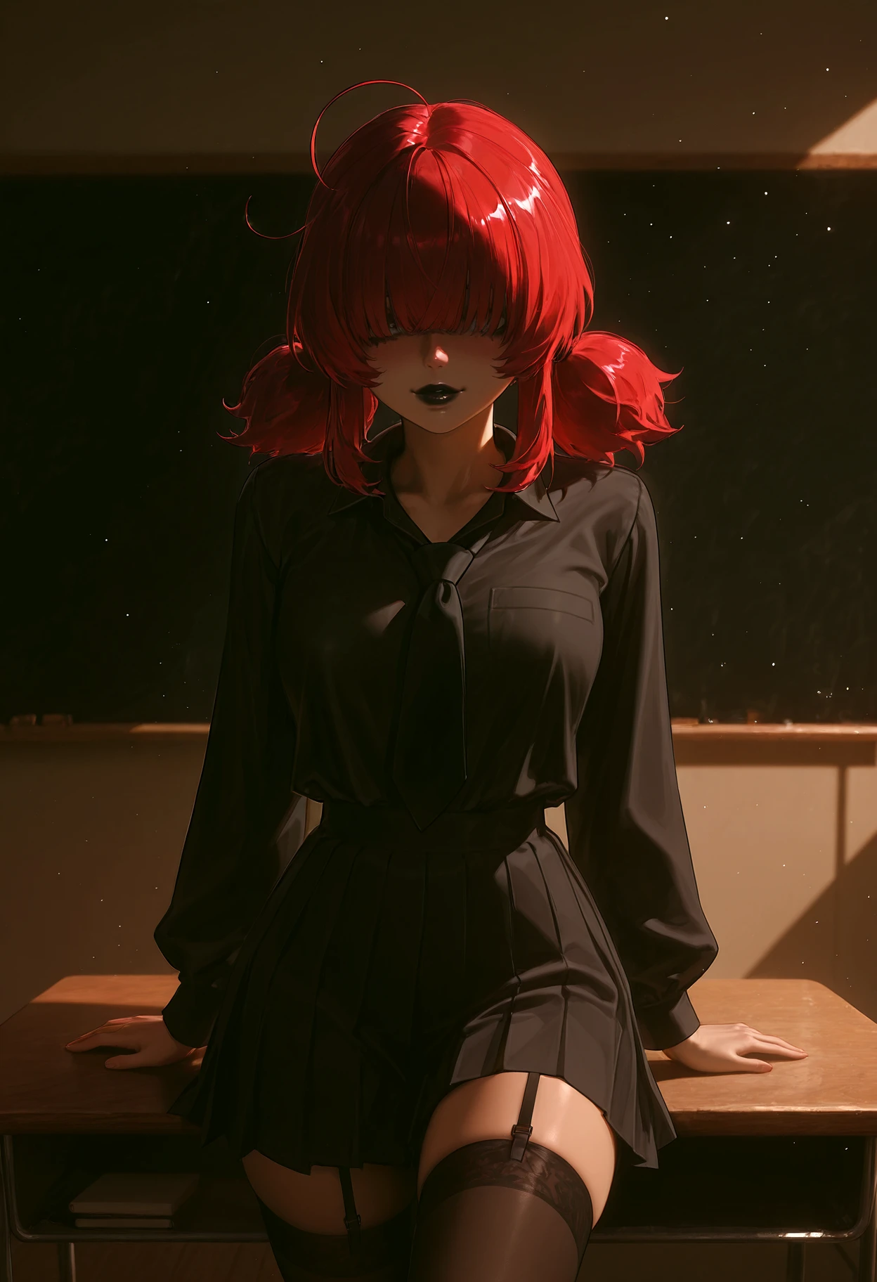 lightrays, girl as a goth, black makeup, black lips, blunt bangs, voluptuous body, grey eyes, big lips, lipstick, red hair, short twintails, big hair, bob cut, curled tips, choppy bangs, prominent ahoge, (hair antenna), hair over eyes, wearing school uniform, blouse, black shirt with black tie, long sleeves, black pleated skirt, stockings, indoor background, blackboard, teacher's desk, front view, professional lighting, smile, posing, backlighting, reflections, <lora:IL\KMS_hair-004_short_twintails_bob_cut_IL-000019:1> <lora:IL\dawnfall_style_v01-000007:1>