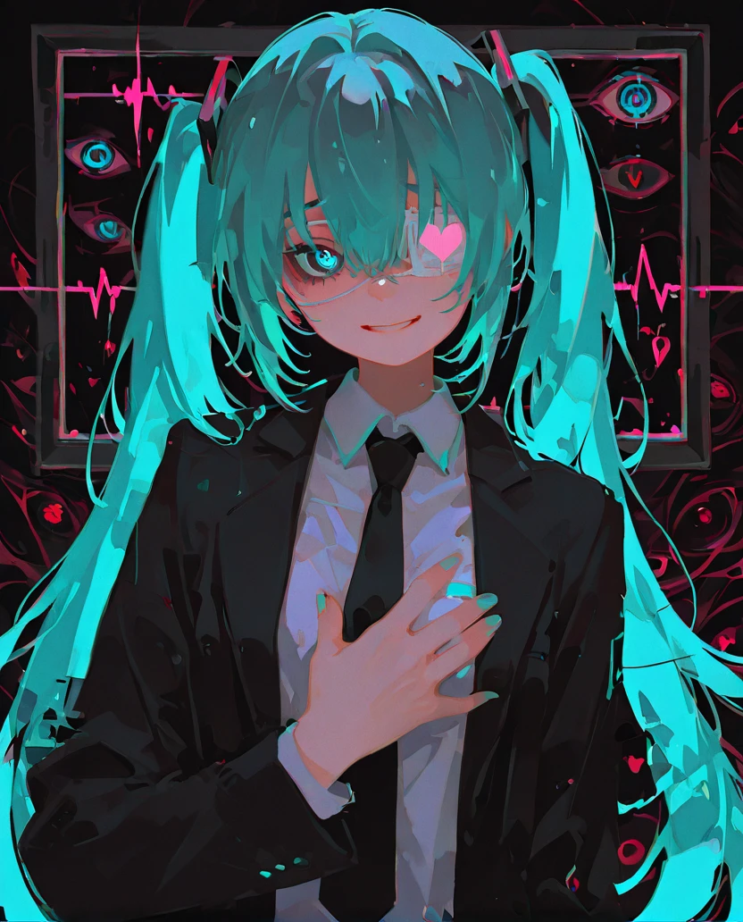 horror \(theme\), picture frame, glitch, background of eye, abstract, (disembodied eye:1.3), upper body, 1girl, yandere, smile, (cardiogram:1.2), hand on chest, grabbing own chest, monitoring \(vocaloid\), aqua hair,very long hair, twintails, bangs, hair between eyes, medical eyepatch, school uniform, collared shirt, necktie, jacket, open jacket, long sleeves, (dark:1.1), darkness, black, surreal, iridescent, spot light, newest, very awa, absurdres, highres