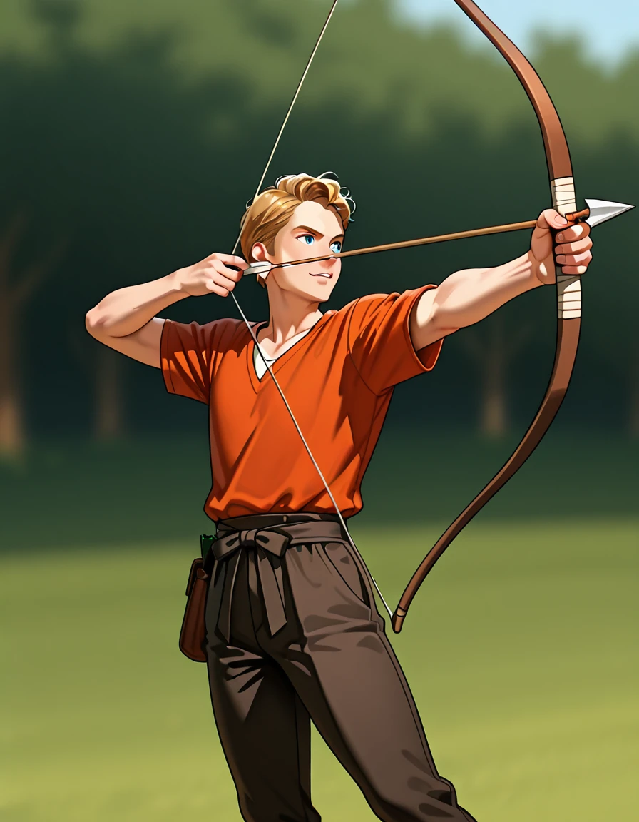 <lora:Better Bows v2_epoch_10:1>, bow, simple bow, arrow, drawn, aiming, holding, dynamic pose, 1boy, solo, outside,