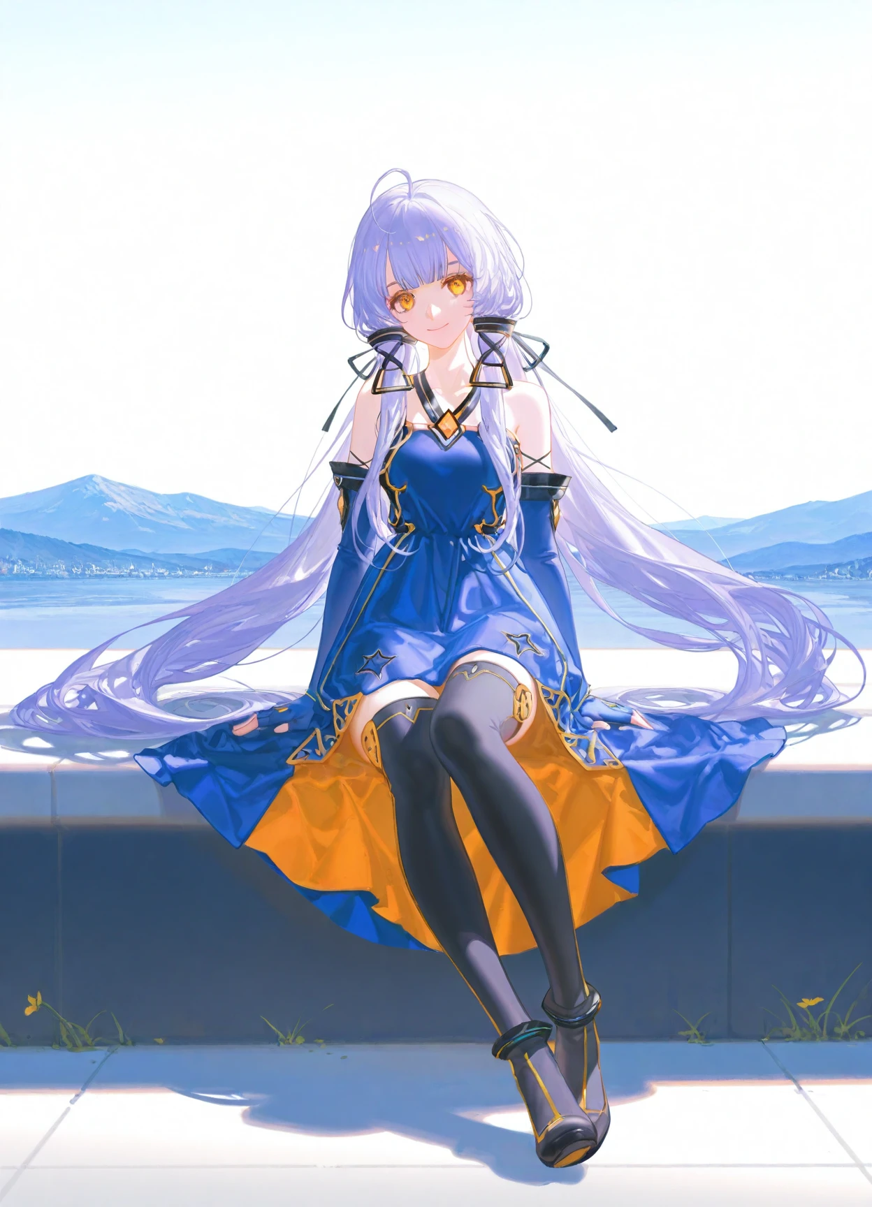 huge filesize,(((very awa))),(((very aesthetic))),((masterpiece))),(((best quality))),newest,[[4 fingers]],4toes,
(quasarcake:0.8),artist:ask(askzy),[[[artist:wlop]]],artist:ciloranko,[[wanke]],
((solo:1.5)),1girl,<lora:Age-V2:2>,
real world location,photo bashing,
<lora:XinchenTSY-000015:1>,
Xingchentsy,purple hair,gradient hair,white hair,(blue hair:0.7),long hair,very long hair,quad tails,sidelocks,hair tubes,hair ribbon,tress ribbon,floating hair,yellow eyes,(yellow dress:0.8),dark blue dress,ahoge,halter dress,two-sided dress,gold trim,bare shoulders,black thighhighs,thighhighs,blue gloves,elbow gloves,fingerless gloves,black ribbon,ribbon,orange skirt liner,small_breasts,
eyes_focus,white background,simple background,full_shot,(sitting:1.2),looking_at_viewer,smile,