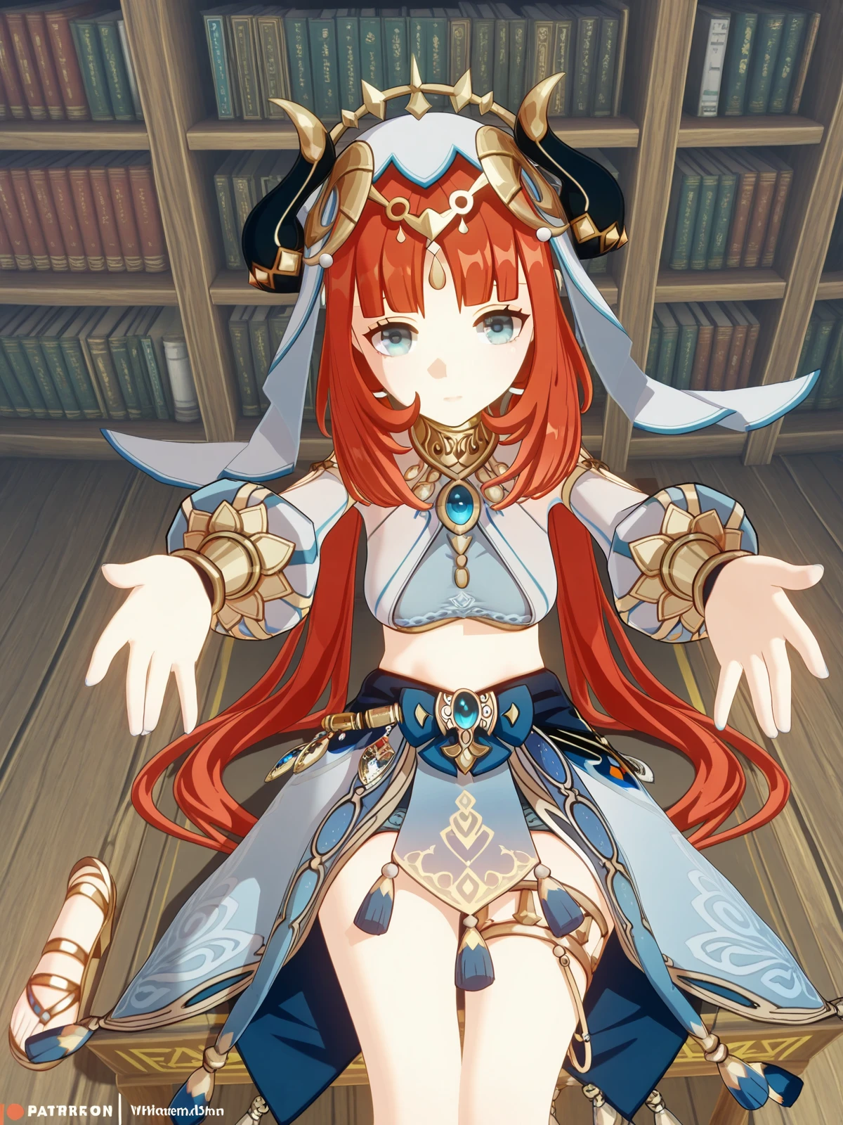 masterpiece, best quality, amazing quality,, <lora:genshin-nilou-ingame-illustriousxl-lora-nochekaiser:1>, nilou, nilou (genshin impact), red hair, twintails, blue eyes, long hair, very long hair, mature female, medium breasts, 3d, blue skirt, bracer, circlet, crop top, dancer, detached sleeves, fake horns, gladiator sandals, gold footwear, gold trim, horns, jewelry, long sleeves, neck ring, puffy long sleeves, puffy sleeves, sandals, skirt, thighlet, thighs, veil, white headwear, white sleeves, white veil,, on back, arm support, arms up, incoming hug, pov, reaching, reaching towards viewer,, bookstore, books, shelves, reading, quiet, cowboy shot, solo, looking at viewer,