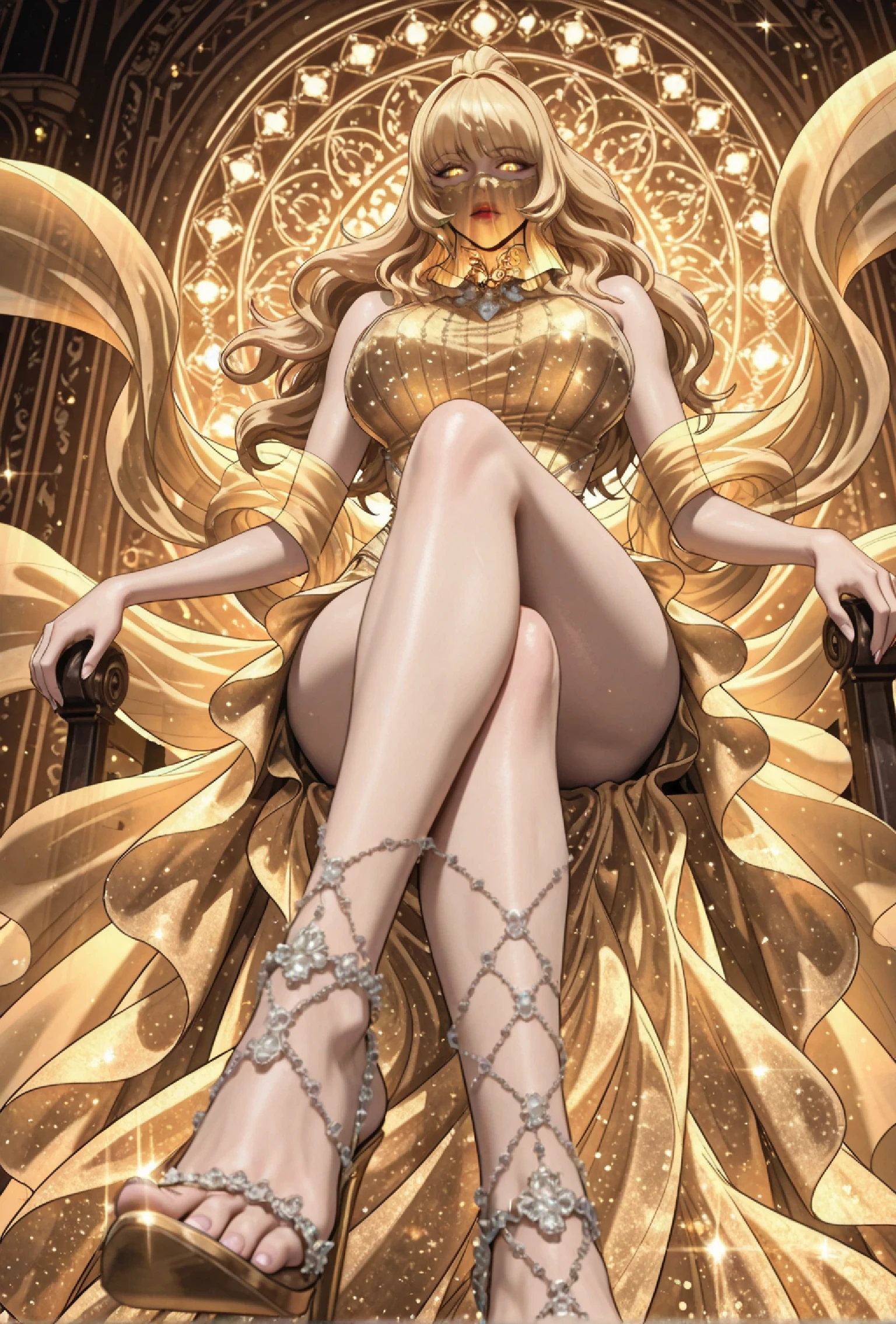 1girl, solo, looking_at_viewer, eyelashes, glowing_eyes, yellow_eyes, red lipstick, long_hair, wavy_hair, blonde_hair, high_ponytail, half_updo, hime_cut, blunt bangs, hair_over_one_eye, hair_ornament, hair_flower, veil, face_veil, jewelry, earrings, necklace, ornate_necklace, gemstone, pendant, bare_shoulders, collarbone, belly, navel, large_breasts, narrow_waist, wide_hips, huge_breasts, huge_nipples, large_areolae, floating_ribbons flowing_fabric, floating jewelry, around arms, around waist, sparkles, glowing, fantasy, goddess, magical_girl, high_slit_dress, dramatic_lighting, detailed_background, magical_effect, glowing_runes, celestial_background, starry_background,
Sitting, crossed legs, from below, looking down,