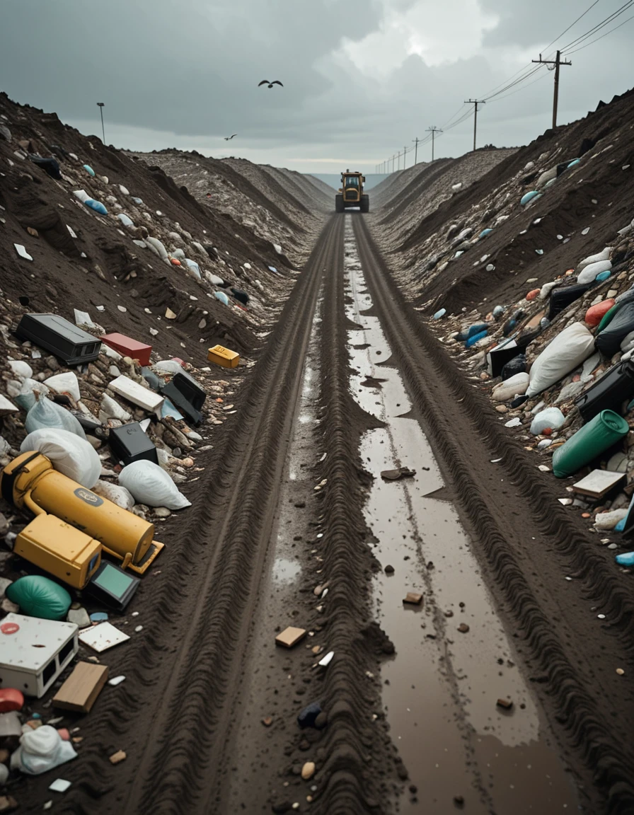 A wide, desolate landscape of a public landfill stretching across the horizon under a cloudy gray sky. Piles of mixed garbageâplastic bags, broken furniture, rusted metal, old electronics, and decaying organic wasteâare scattered in uneven mounds. Seagulls circle overhead while stray dogs rummage through the debris. In the distance, a bulldozer pushes trash into larger heaps, and a faint haze rises from decomposing matter. The ground is muddy and littered with fragments, creating a chaotic, grim atmosphere. No people are present.public l4ndf1ll, <lora:public_l4ndf1llv2-i:1>, Masterpiece,best quality,hi res,8k,hi res,8k,award winning,(sharp focus, intricate, highly detailed),